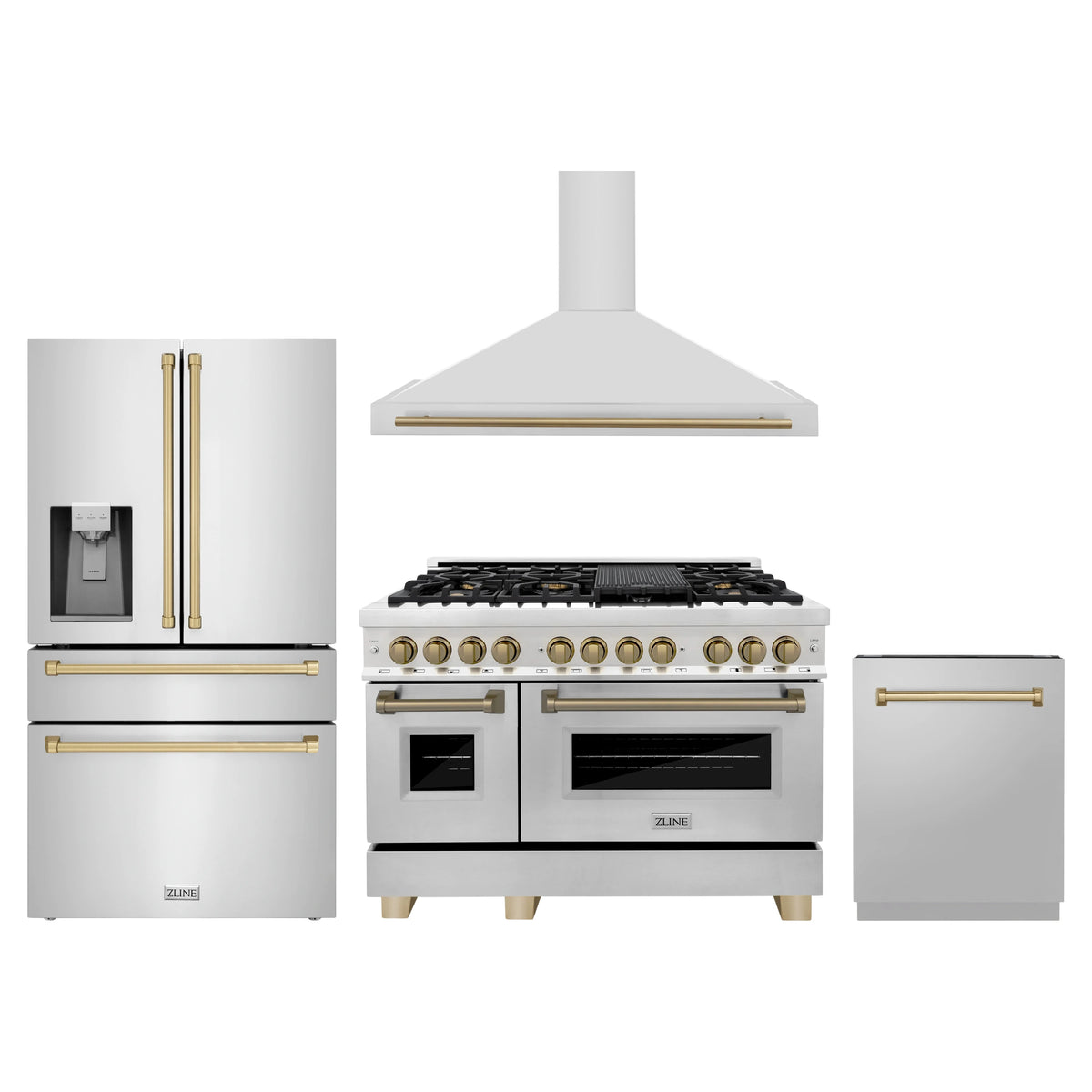 ZLINE 4-Piece Appliance Package - 48-Inch Legacy Autograph Dual Fuel Range, Wall Mount Range Hood, 36-Inch French Door Refrigerator with Water Dispenser, Dishwasher, in Stainless Steel with Champagne Bronze Accents