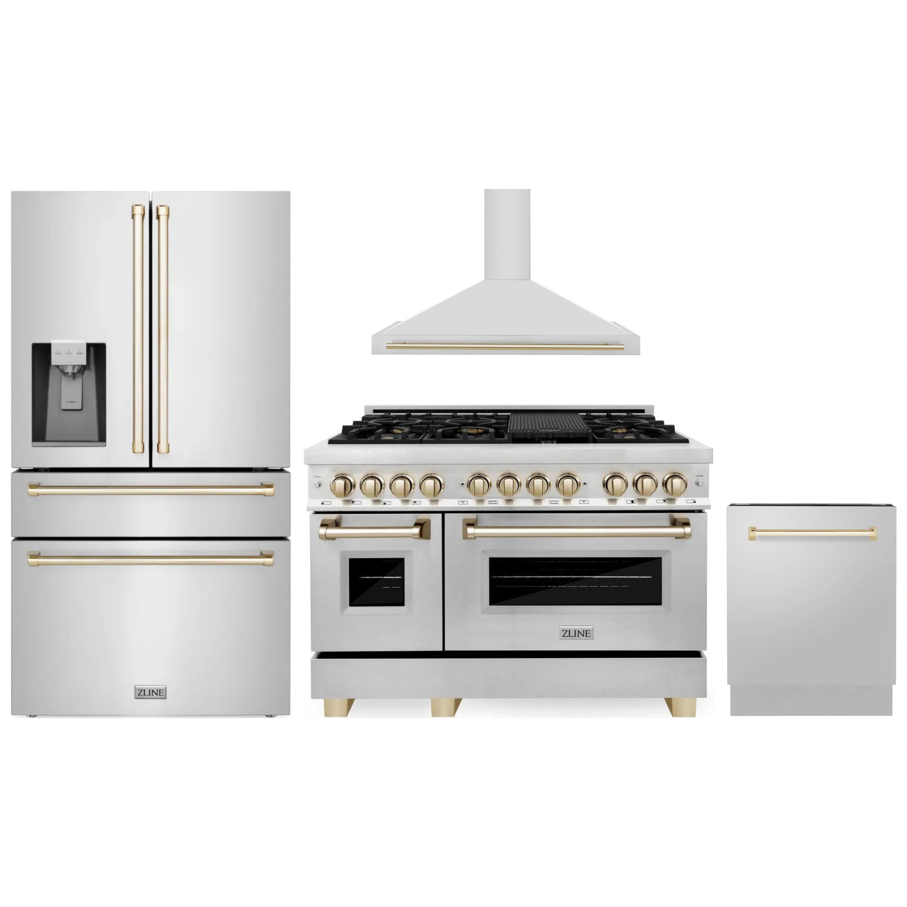 Stainless steel appliance set with gold accents: range, hood, refrigerator