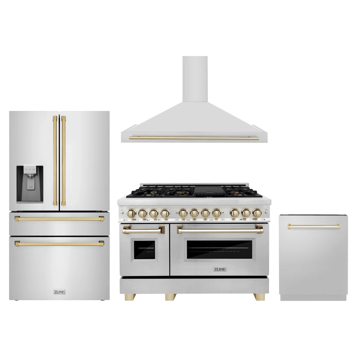 ZLINE 4-Piece Appliance Package - 48-Inch Legacy Autograph Dual Fuel Range, Wall Mount Range Hood, 36-Inch French Door Refrigerator with Water Dispenser, Dishwasher, in Stainless Steel with Gold Accents
