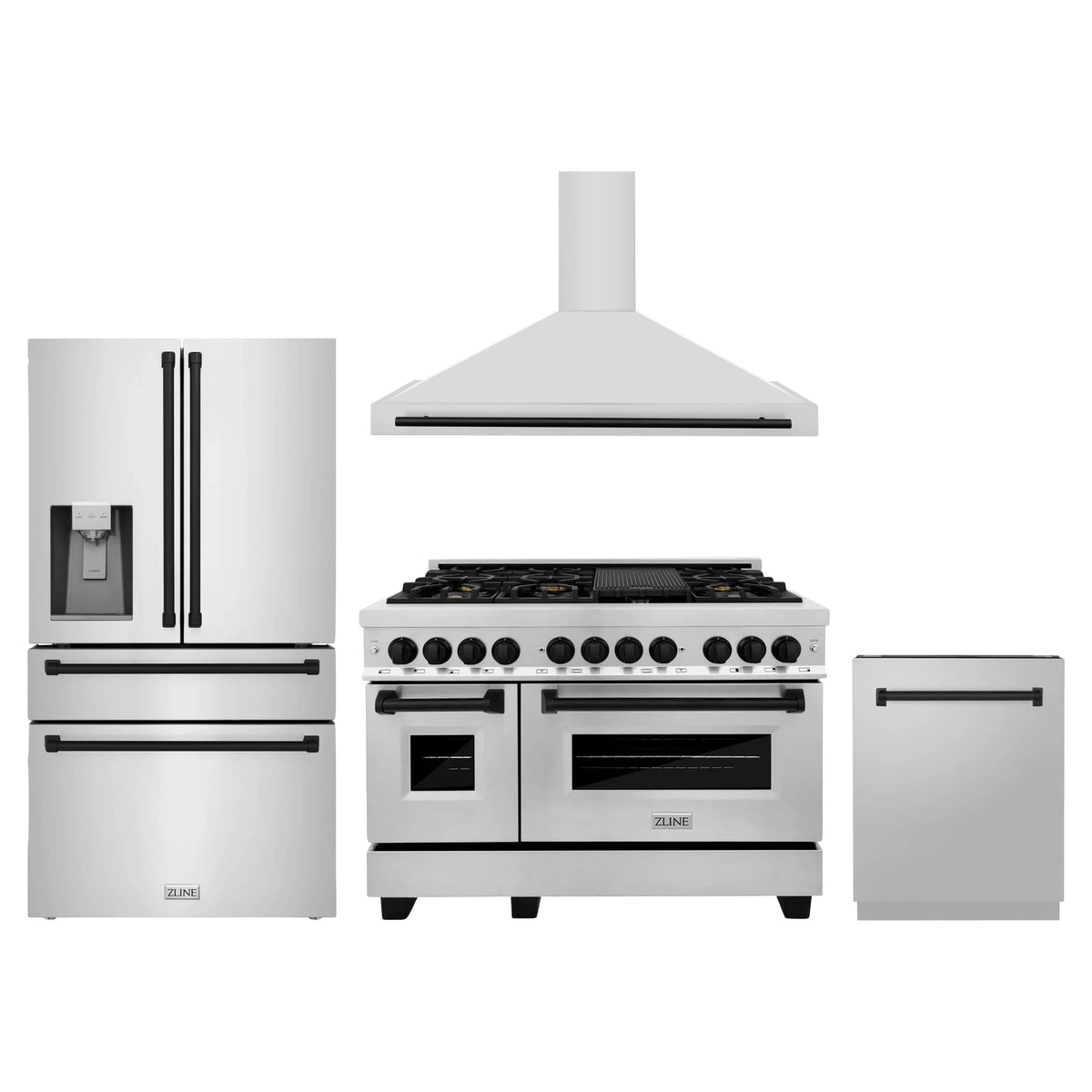 ZLINE 4-Piece Appliance Package - 48-Inch Legacy Autograph Dual Fuel Range, Wall Mount Range Hood, 36-Inch French Door Refrigerator with Water Dispenser, Dishwasher, in Stainless Steel with Matte Black Accents