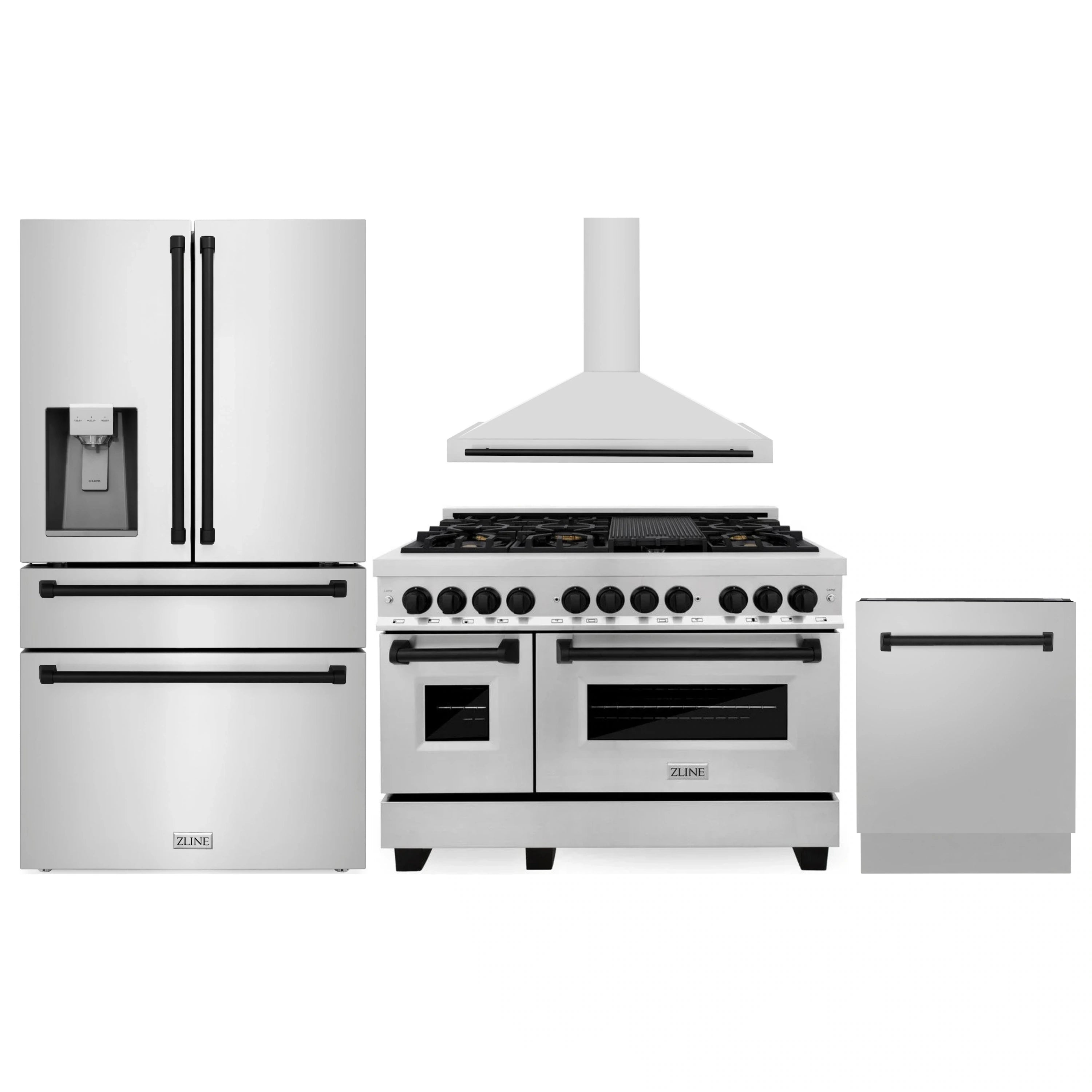 Stainless steel appliance package with range, wall hood, refrigerator, and dishwasher