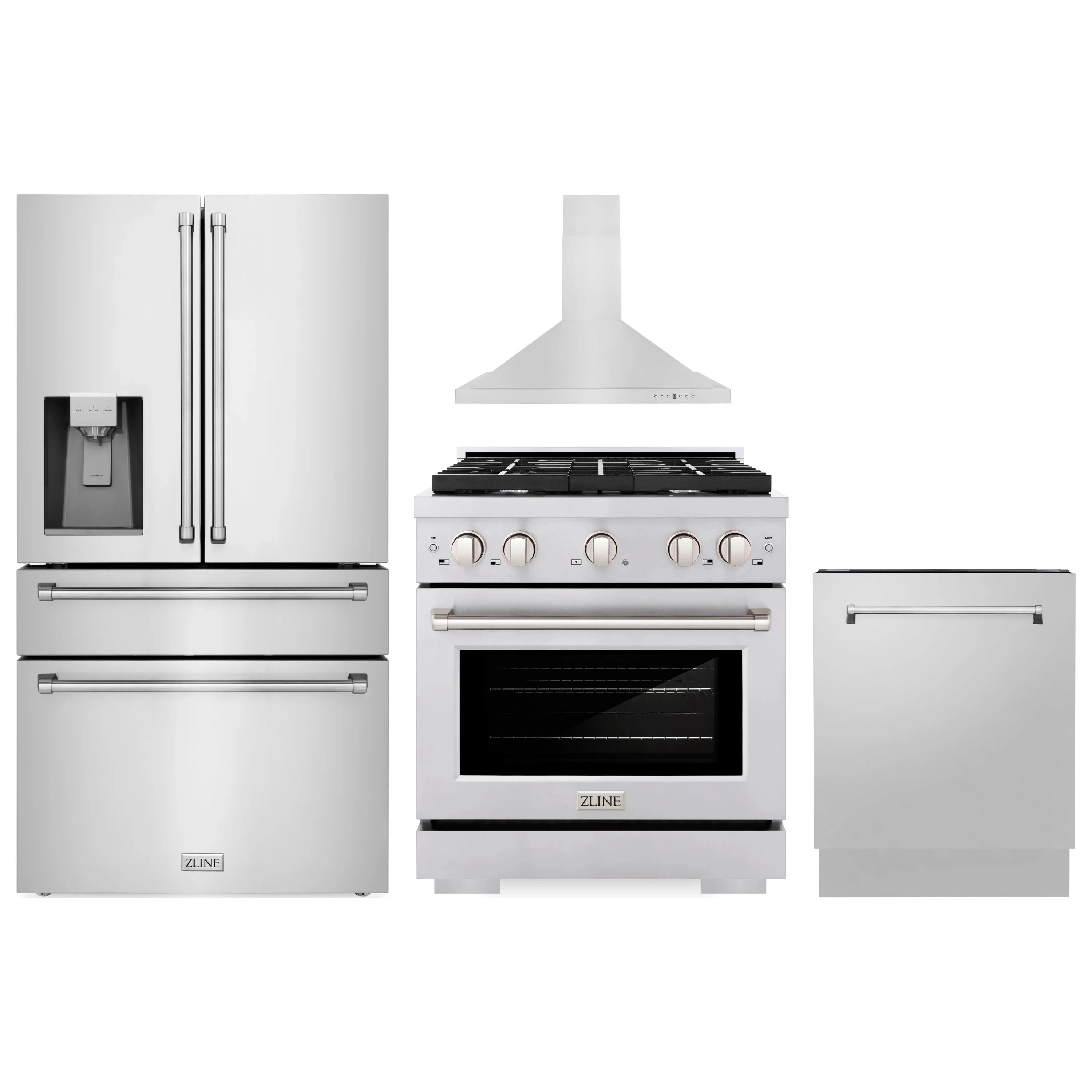 Stainless steel kitchen appliance set with refrigerator, dual-fuel range, hood, and dishwasher