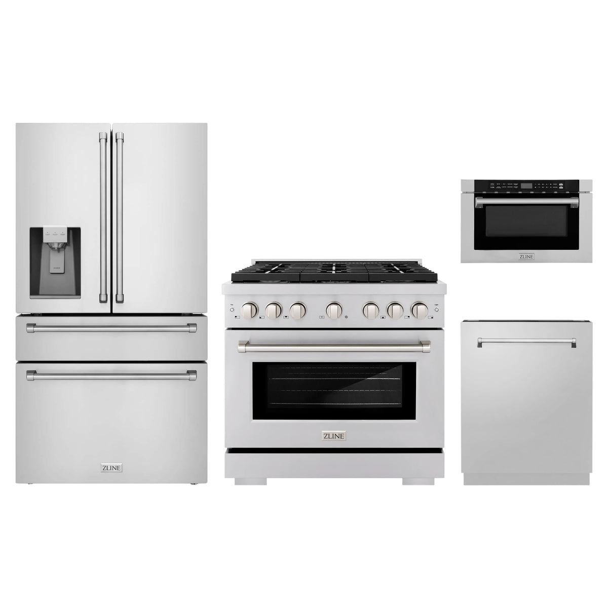 ZLINE 4-Piece Appliance Package - 36-Inch Paramount Dual Fuel Range, Refrigerator with Water Dispenser, Dishwasher, and 24-Inch Microwave Drawer in Stainless Steel