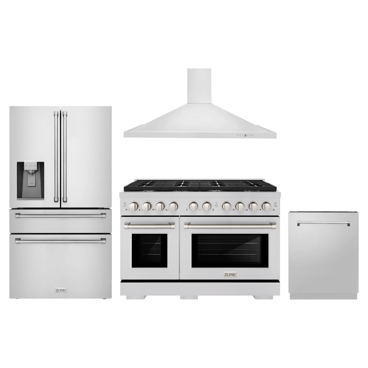 ZLINE 4-Piece Appliance Package - 48-Inch Paramount Dual Fuel Range, Wall Mount Range Hood, 36-Inch French Door Refrigerator with Water Dispenser, Dishwasher, in Stainless Steel
