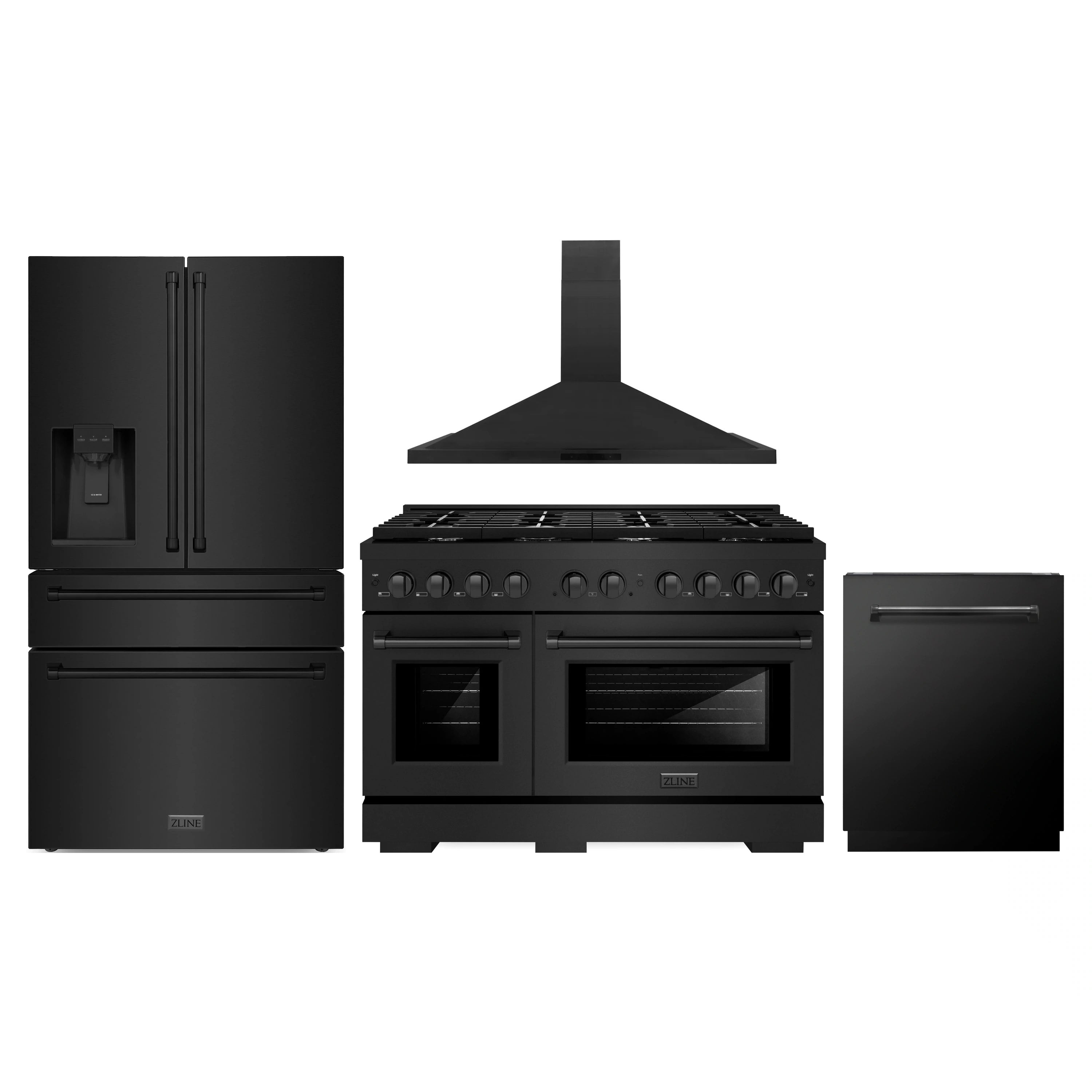 Black stainless appliance set with refrigerator, range hood, dual fuel range, dishwasher
