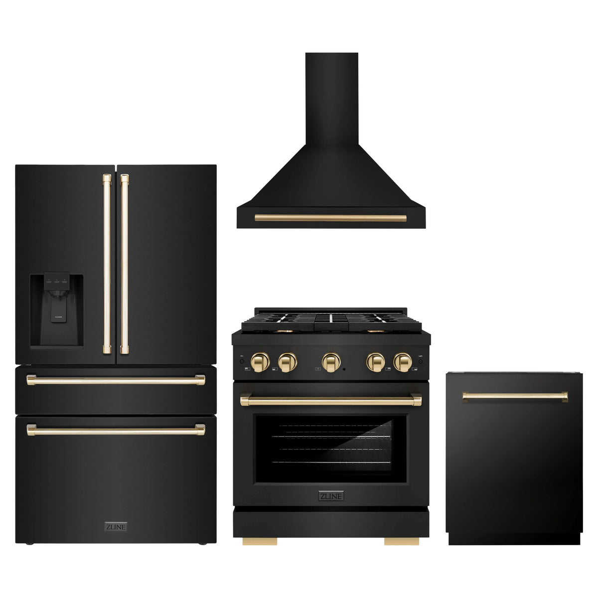 ZLINE 4-Piece Appliance Package - 30-Inch Paramount Dual Fuel Range, Wall Mount Range Hood, 36-Inch French Door Refrigerator with Water Dispenser, Dishwasher, in Black Stainless Steel with Gold Accents