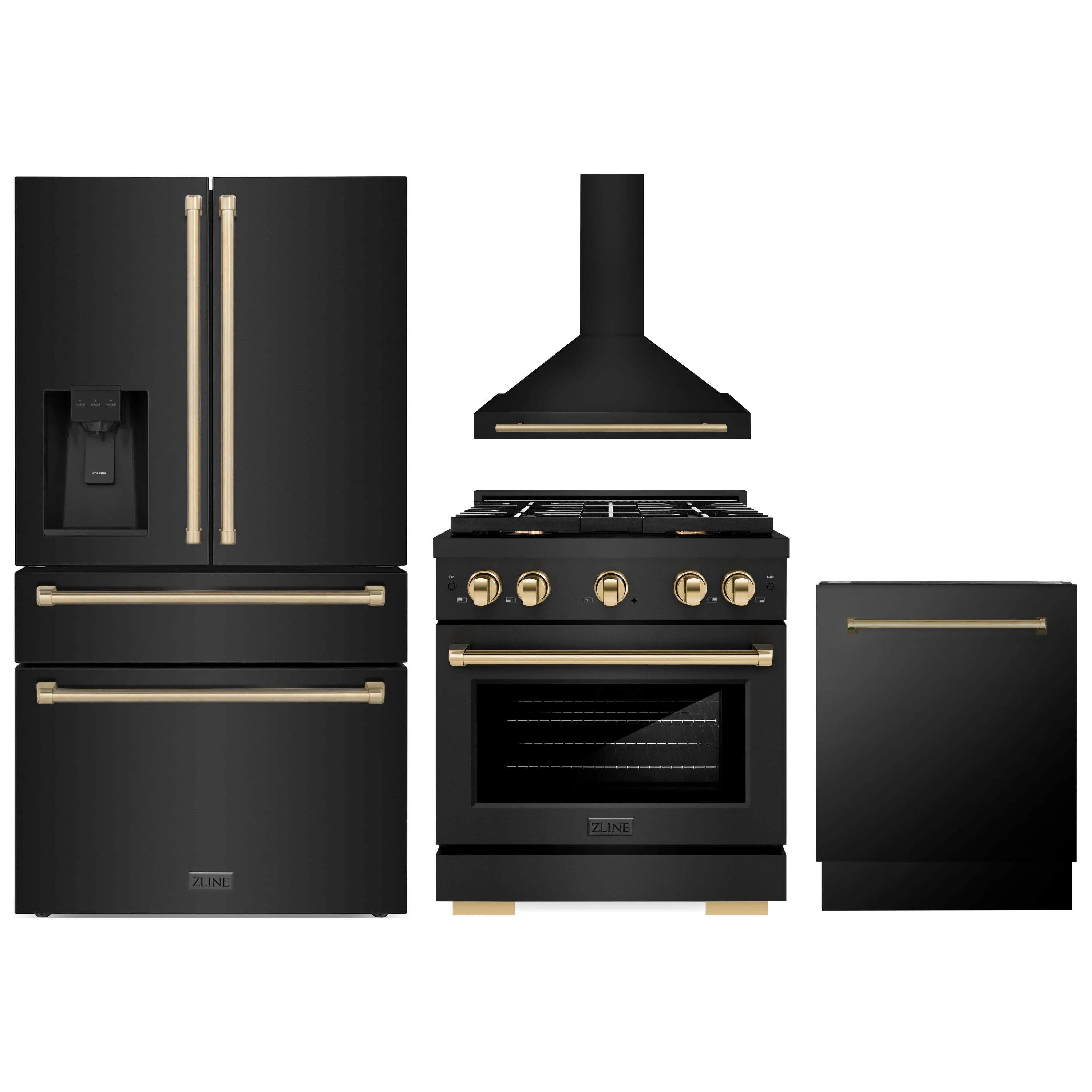 Kitchen appliance set in black stainless steel: range, wall hood, fridge, dishwasher