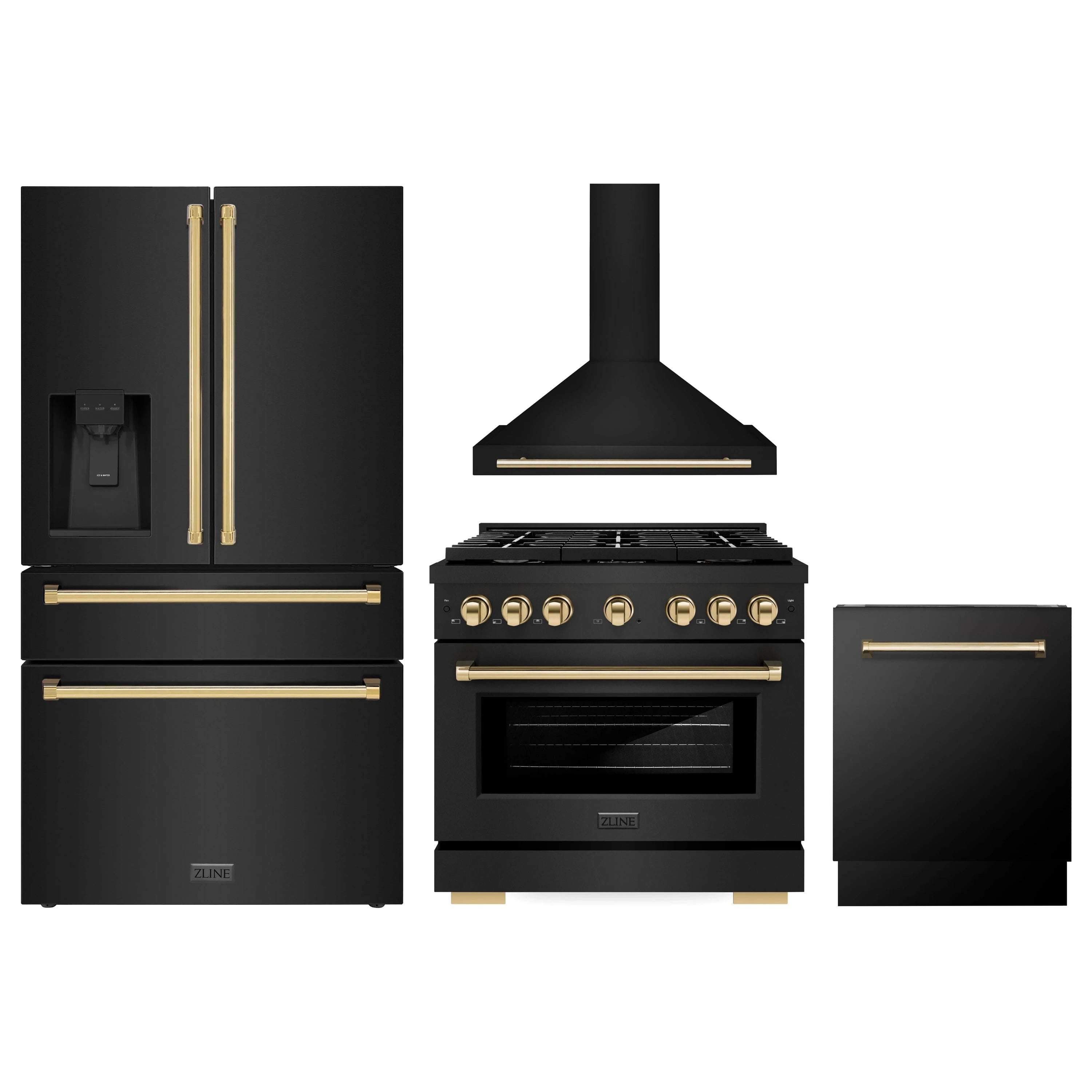Black stainless appliance package with gold accents: range, hood, refrigerator, dishwasher