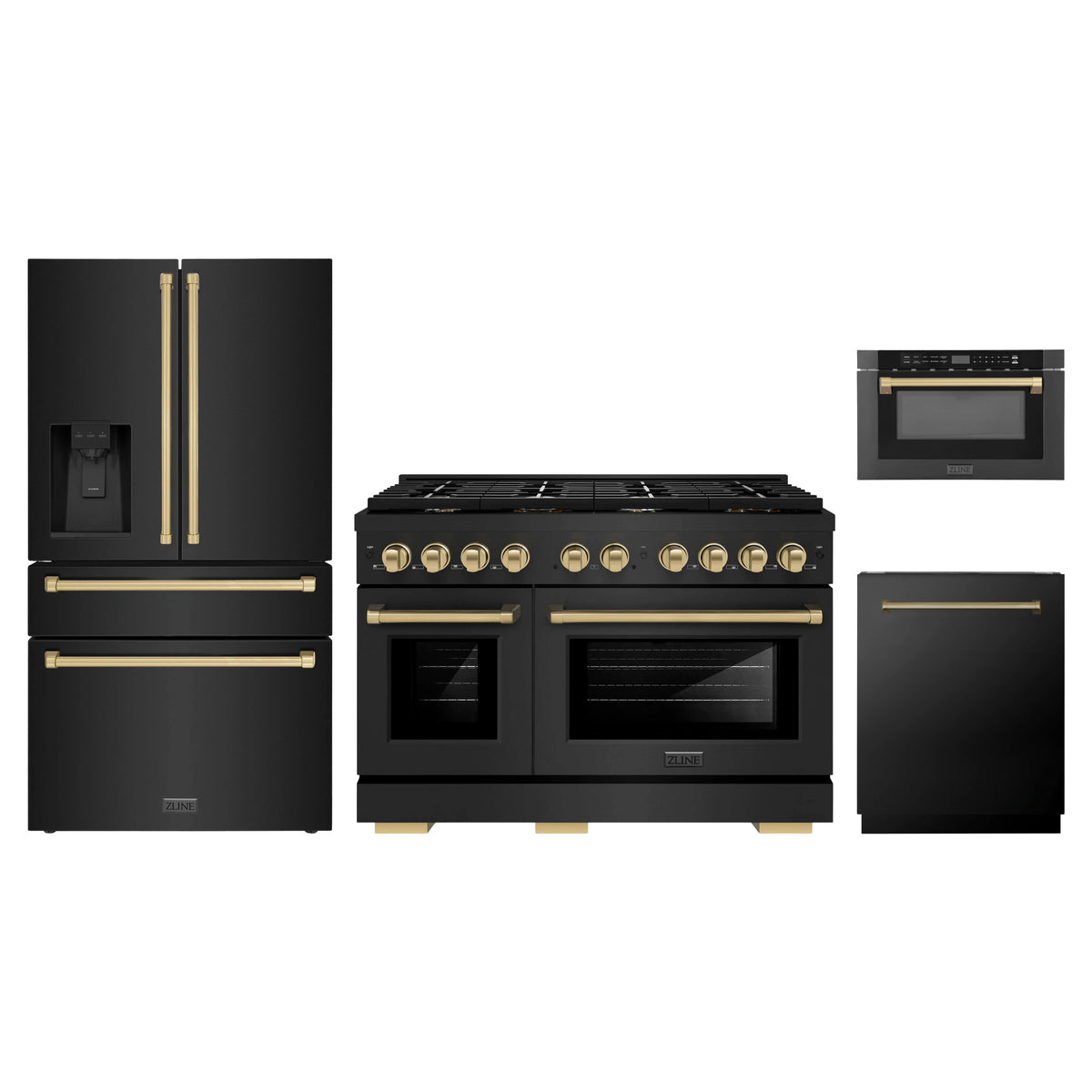 ZLINE 4-Piece Appliance Package - 48-Inch Paramount Dual Fuel Range, Refrigerator with Water Dispenser, Dishwasher, and 24-Inch Microwave Drawer in Black Stainless Steel with Champagne Bronze Accents