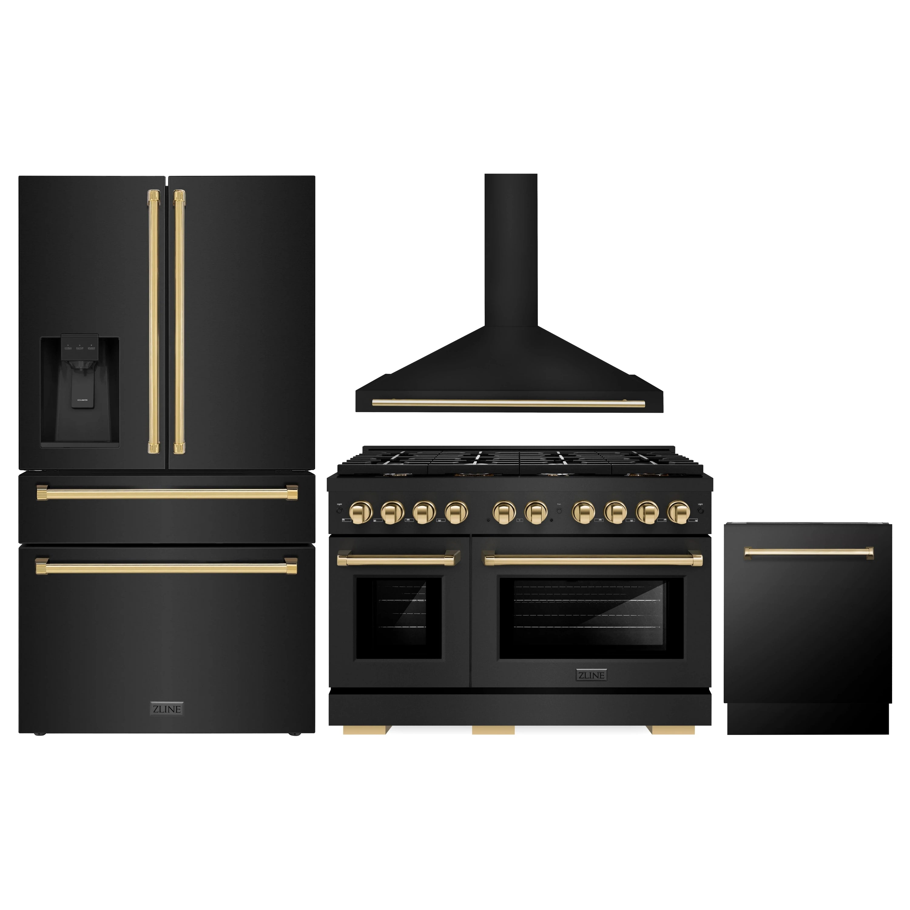 Bundle of black stainless kitchen appliances with gold accents: range, hood, fridge
