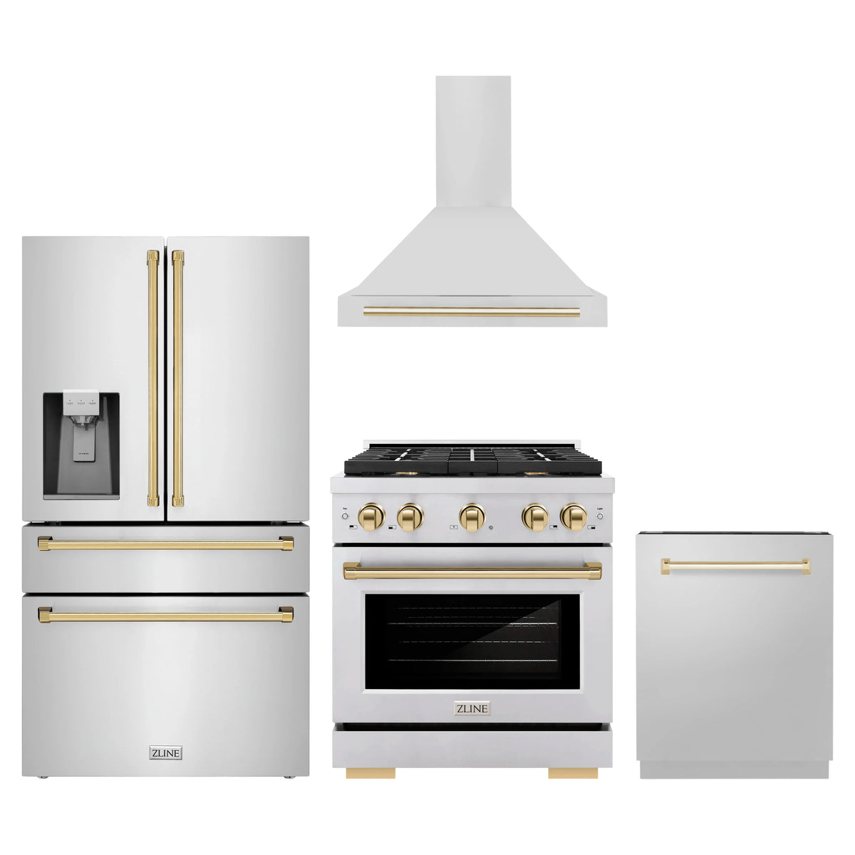 ZLINE 4-Piece Appliance Package - 30-Inch Paramount Autograph Dual Fuel Range, Wall Mount Range Hood, 36-Inch French Door Refrigerator with Water Dispenser, Dishwasher, in Stainless Steel with Gold Accents