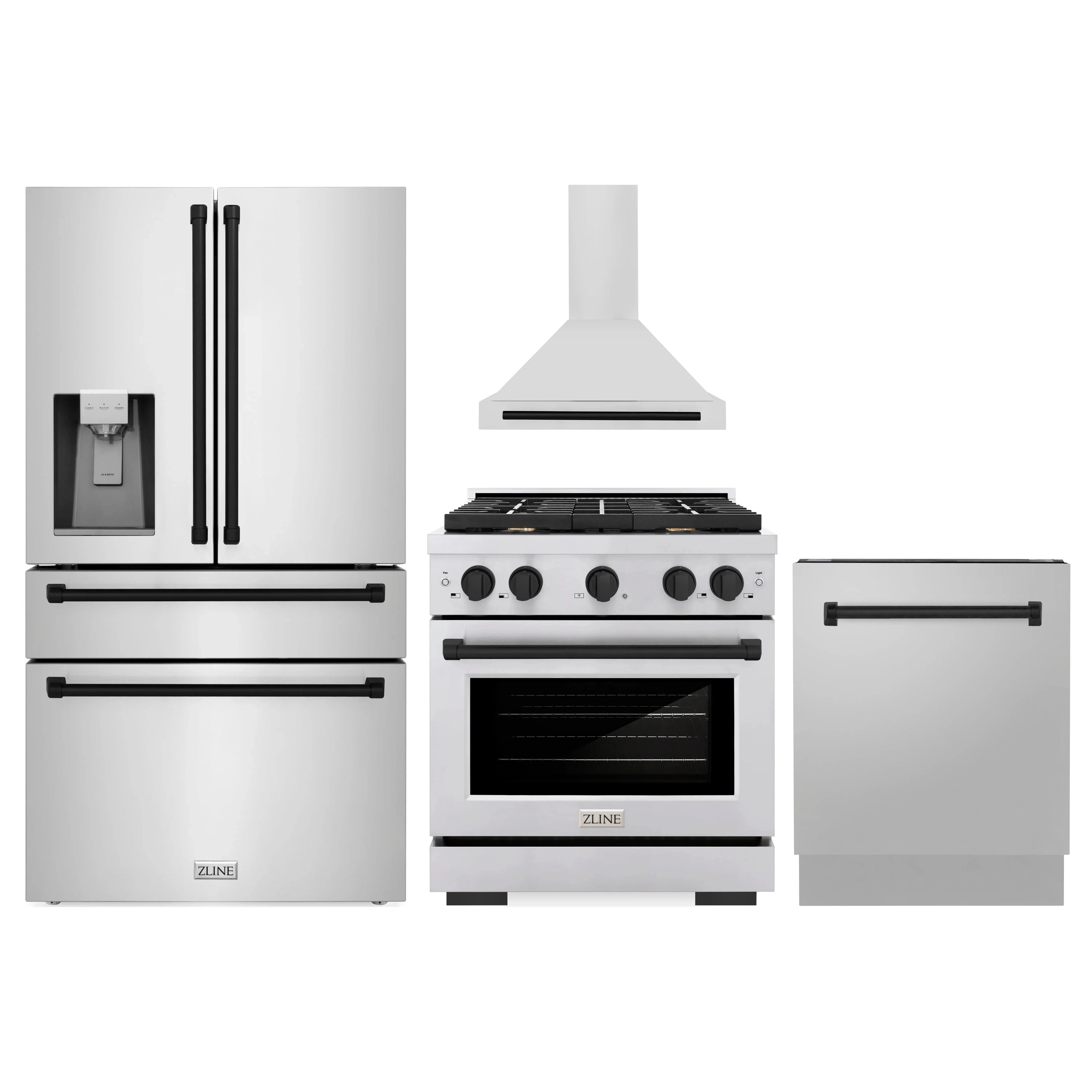 Stainless steel appliance package: dual fuel range, refrigerator, wall hood, and dishwasher