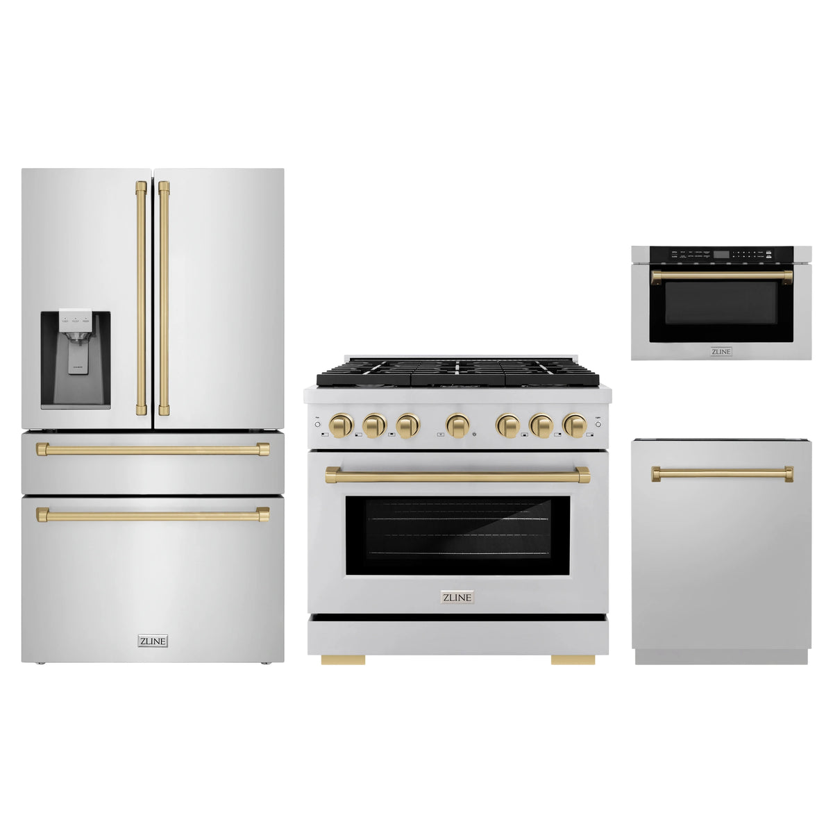 ZLINE 4-Piece Appliance Package - 36-Inch Paramount Dual Fuel Range, Refrigerator with Water Dispenser, Dishwasher, and 24-Inch Microwave Drawer in Stainless Steel with Champagne Bronze Accents