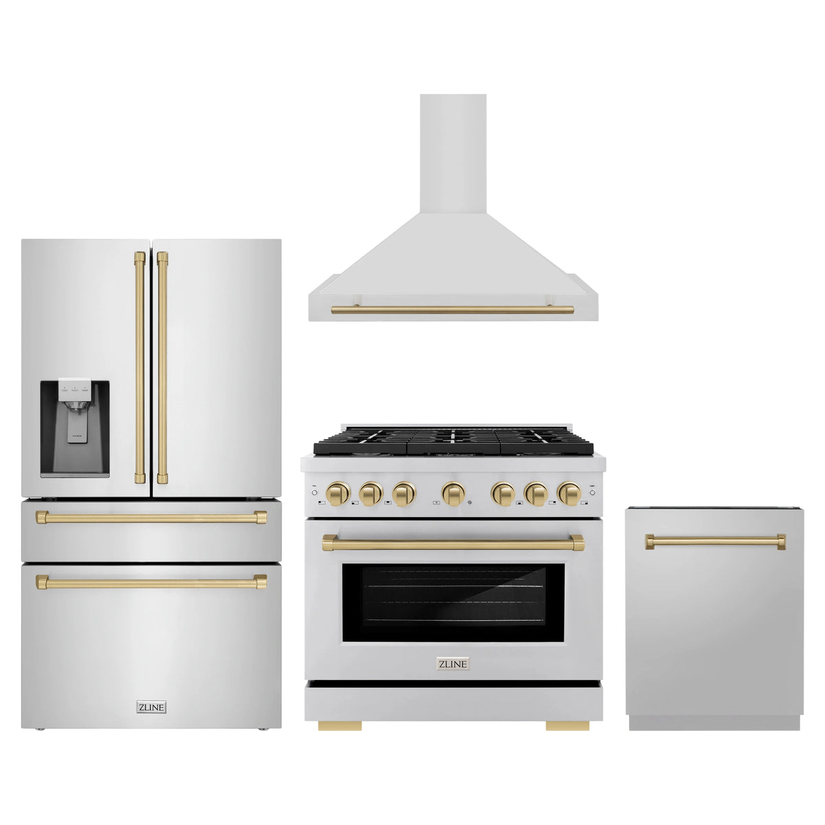 ZLINE 4-Piece Appliance Package - 36-Inch Paramount Autograph Dual Fuel Range, Wall Mount Range Hood, 36-Inch French Door Refrigerator with Water Dispenser, Dishwasher, in Stainless Steel with Champagne Bronze Accents