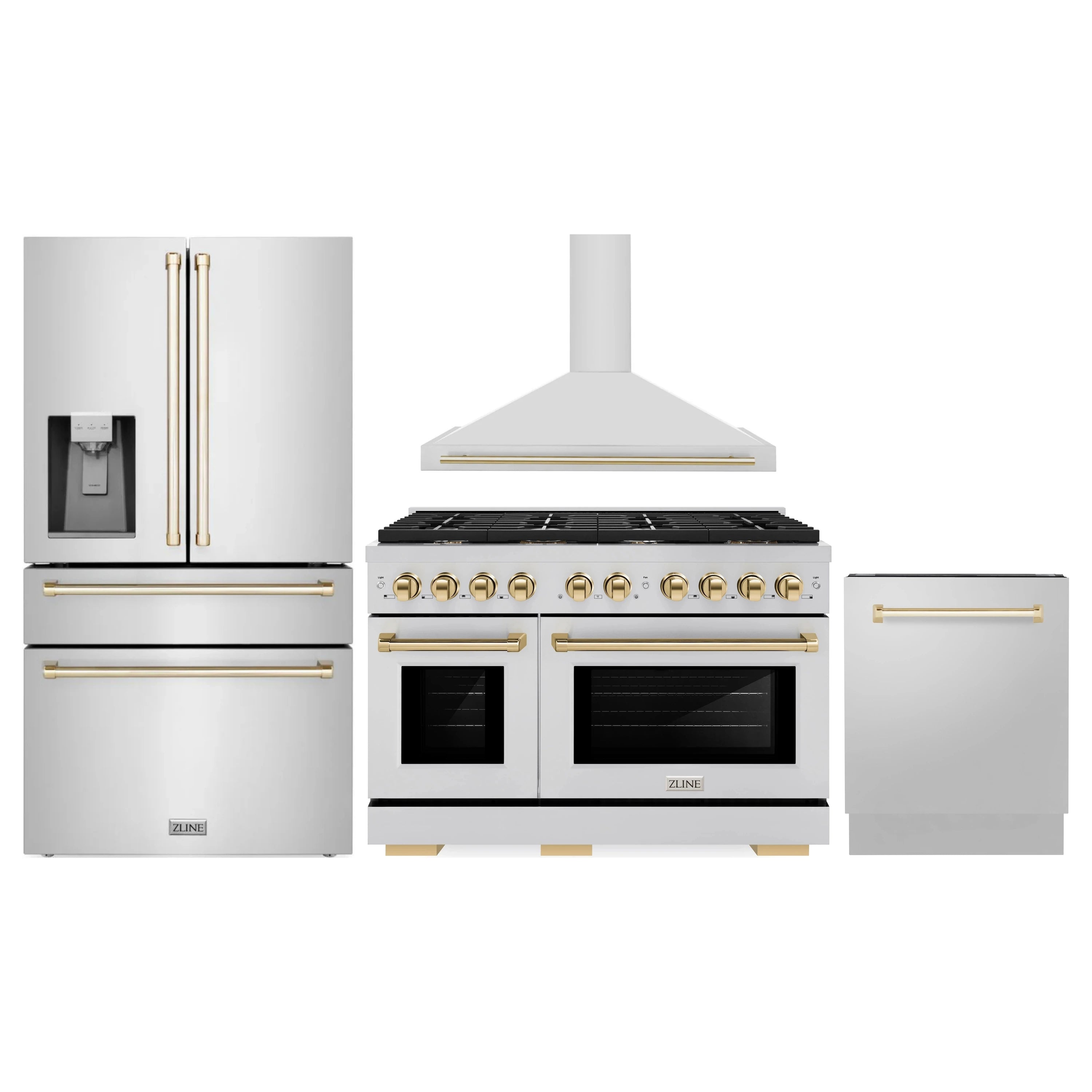 Stainless dual fuel range with wall hood and French-door refrigerator, gold accents