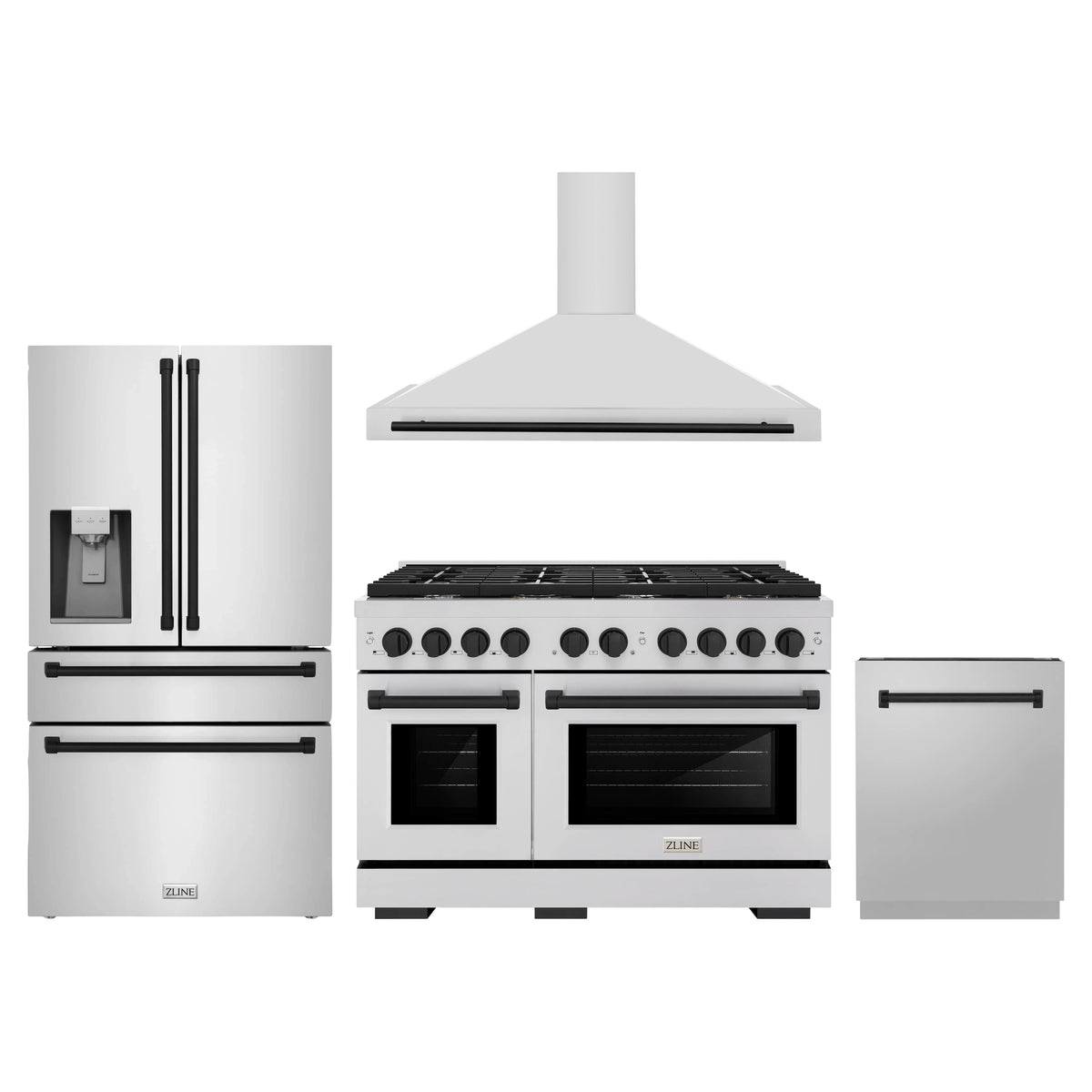 ZLINE 4-Piece Appliance Package - 48-Inch Paramount Autograph Dual Fuel Range, Wall Mount Range Hood, 36-Inch French Door Refrigerator with Water Dispenser, Dishwasher, in Stainless Steel with Matte Black Accents