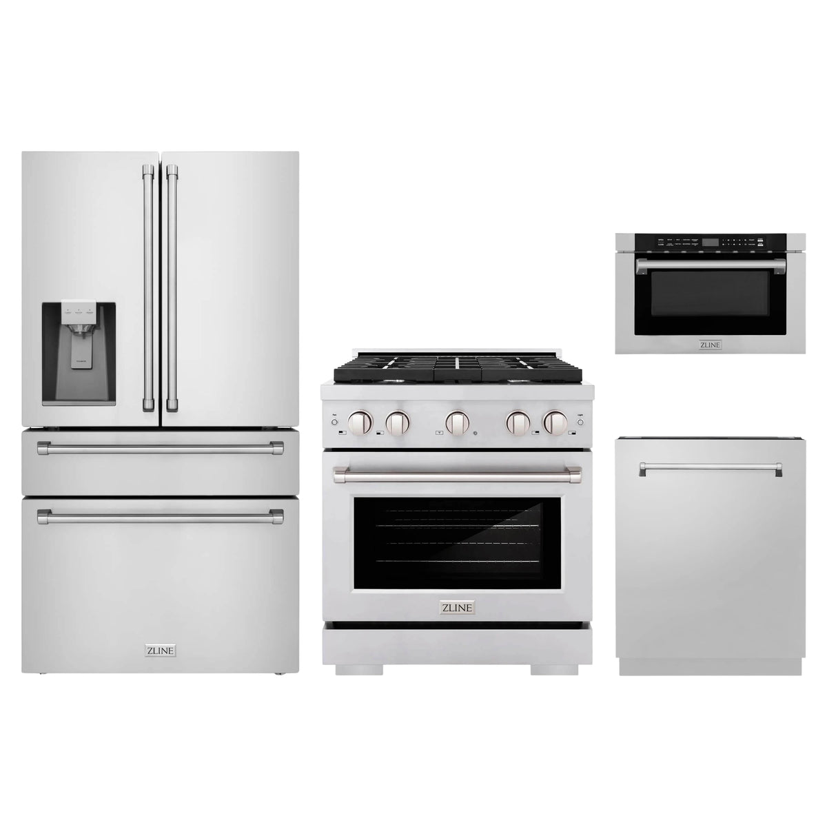 ZLINE 4-Piece Appliance Package - 30-Inch Paramount Gas Range, Refrigerator with Water Dispenser, Dishwasher, and 24-Inch Microwave Drawer in Stainless Steel