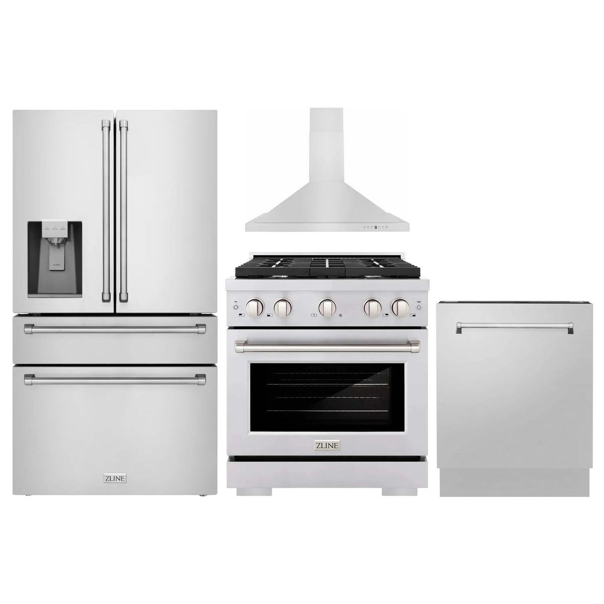 ZLINE 4-Piece Appliance Package - 30" Gas Range, 36" Refrigerator with Water Dispenser, Convertible Wall Mount Hood, and 3-Rack Dishwasher in Stainless Steel (4KPRW-SGRRH30-DWV)