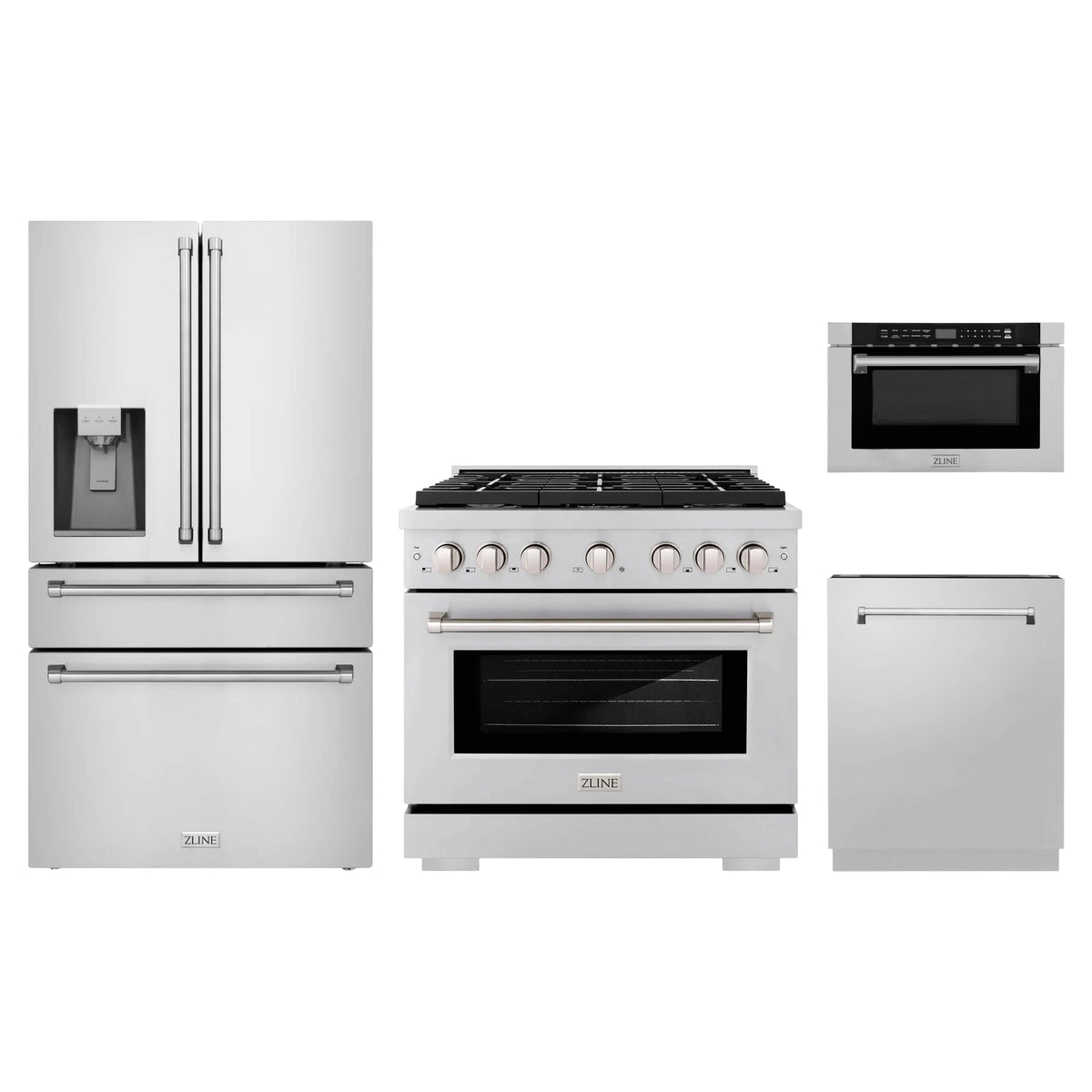 ZLINE 4-Piece Appliance Package - 36-Inch Paramount Gas Range, Refrigerator with Water Dispenser, Dishwasher, and 24-Inch Microwave Drawer in Stainless Steel