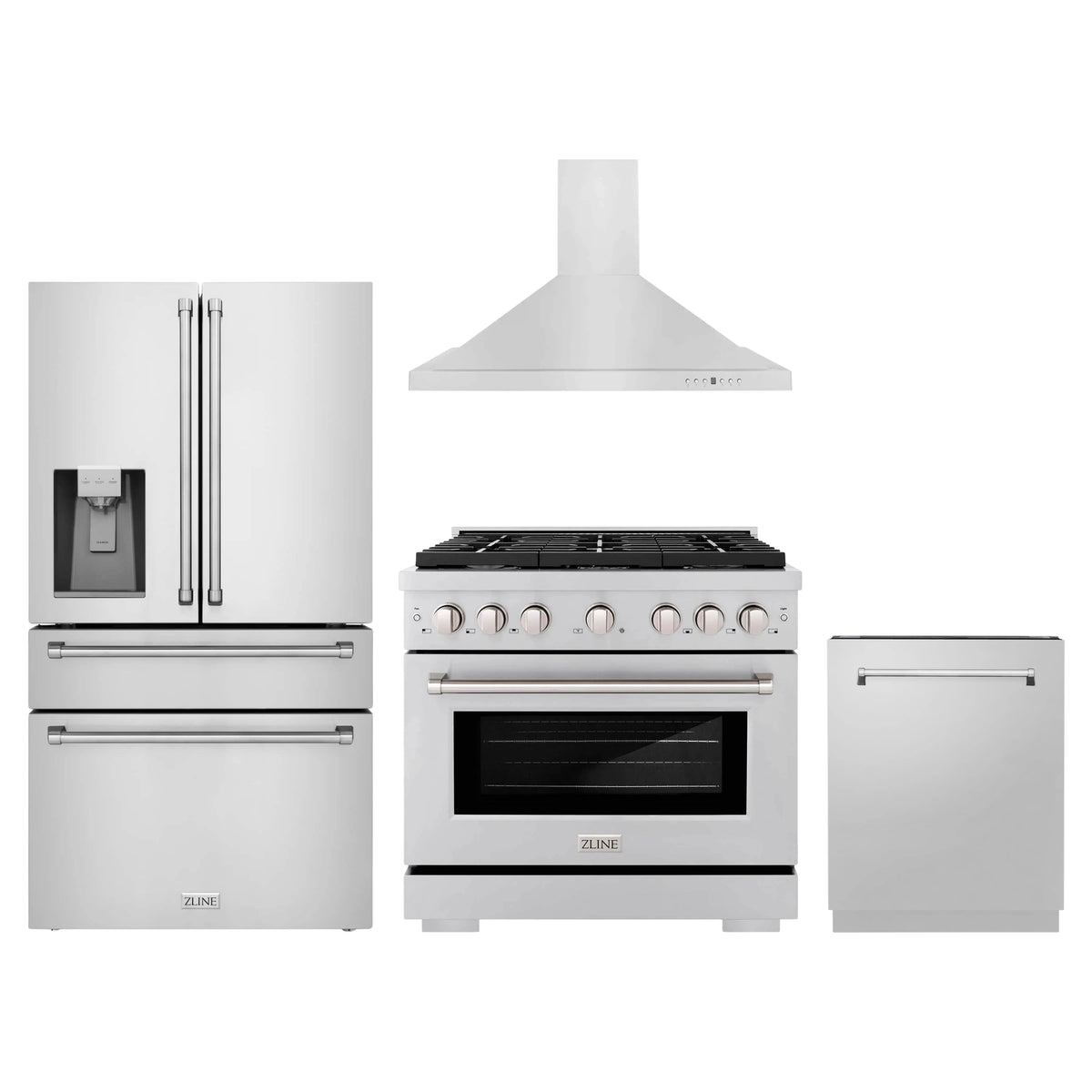 ZLINE 4-Piece Appliance Package - 36-Inch Gas Range, Refrigerator with Water Dispenser, Convertible Wall Mount Hood, and 3-Rack Dishwasher in Stainless (4KPRW-SGRRH36-DWV)