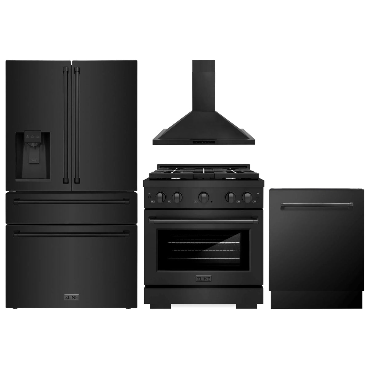 ZLINE 4-Piece Appliance Package - 30-Inch Gas Range, Refrigerator with Water Dispenser, Convertible Wall Mount Hood, and 3-Rack Dishwasher in Black Stainless Steel (4KPRW-SGRBRH30-DWV)