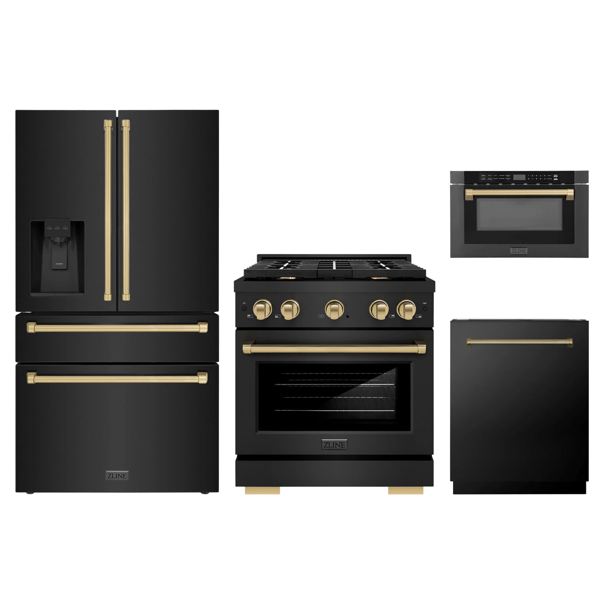 ZLINE 4-Piece Appliance Package - 30-Inch Paramount Gas Range, Refrigerator with Water Dispenser, Dishwasher, and 24-Inch Microwave Drawer in Black Stainless Steel with Champagne Bronze Accents