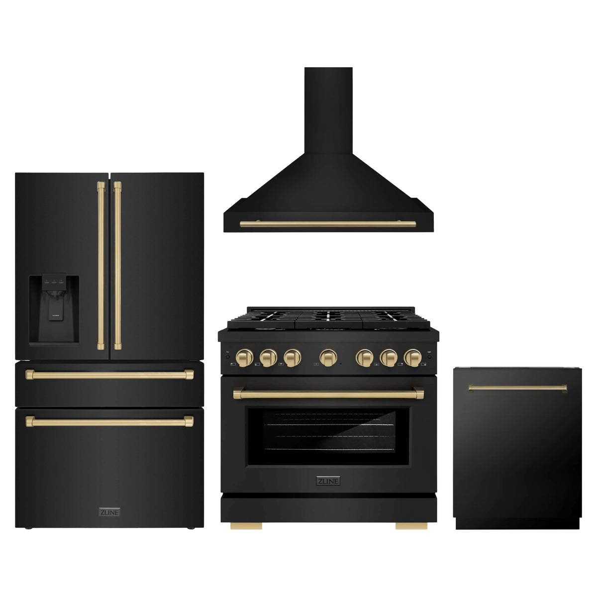 ZLINE 4-Piece Appliance Package - 36-Inch Paramount Gas Range, Wall Mount Range Hood, 36-Inch French Door Refrigerator with Water Dispenser, Dishwasher, in Black Stainless Steel with Champagne Bronze Accents