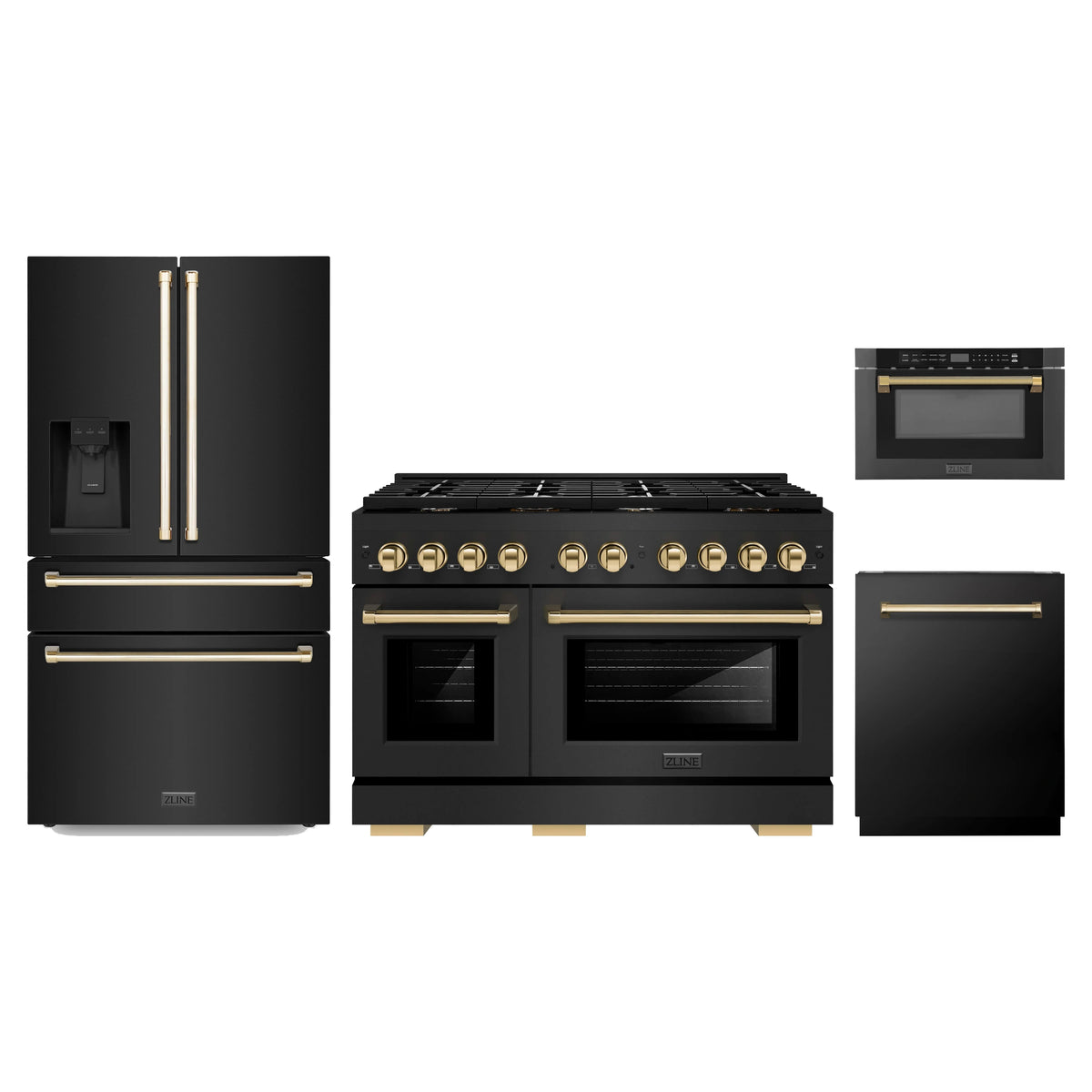 ZLINE 4-Piece Appliance Package - 48-Inch Paramount Gas Range, Refrigerator with Water Dispenser, Dishwasher, and 24-Inch Microwave Drawer in Black Stainless Steel with Gold Accents
