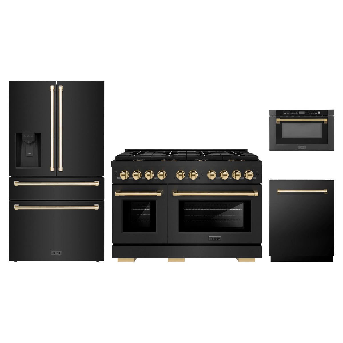 ZLINE 4-Piece Appliance Package - 48-Inch Paramount Gas Range, Refrigerator with Water Dispenser, Dishwasher, and 24-Inch Microwave Drawer in Black Stainless Steel with Gold Accents