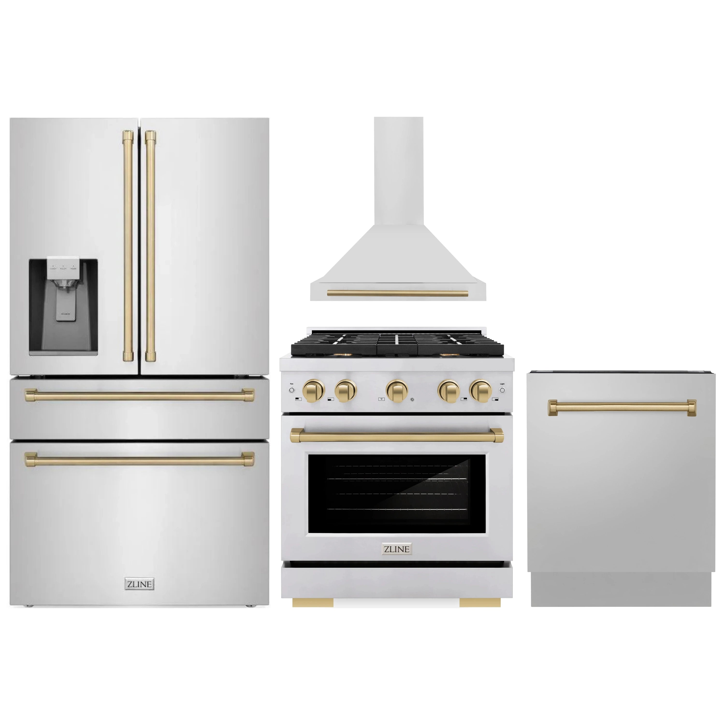 Stainless steel kitchen appliance package with gas range, range hood, and refrigerator with bronze pulls