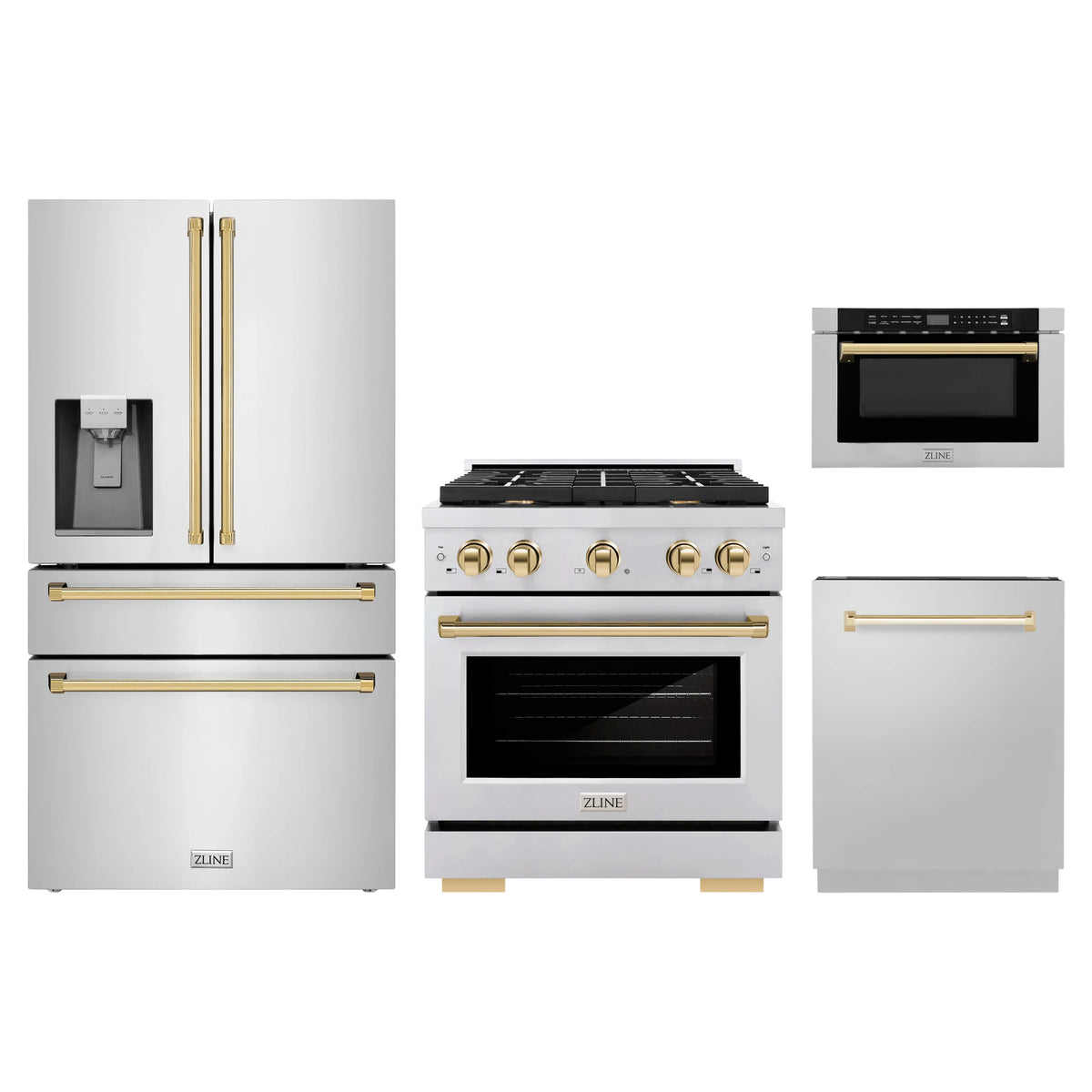 ZLINE 4-Piece Appliance Package - 30-Inch Paramount Gas Range, Refrigerator with Water Dispenser, Dishwasher, and 24-Inch Microwave Drawer in Stainless Steel with Gold Accents