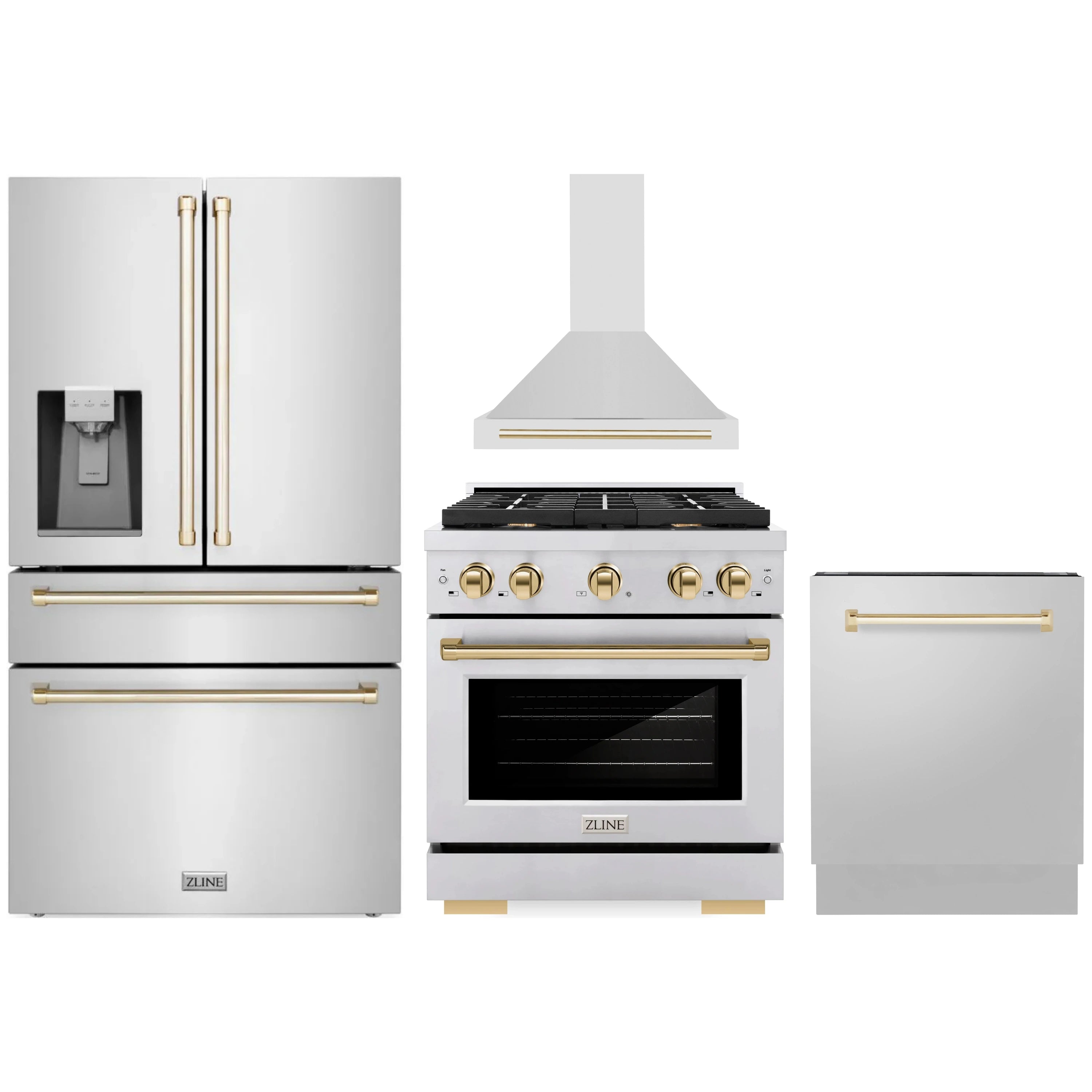 Stainless steel kitchen appliance package with gold-accent gas range, hood, and refrigerator