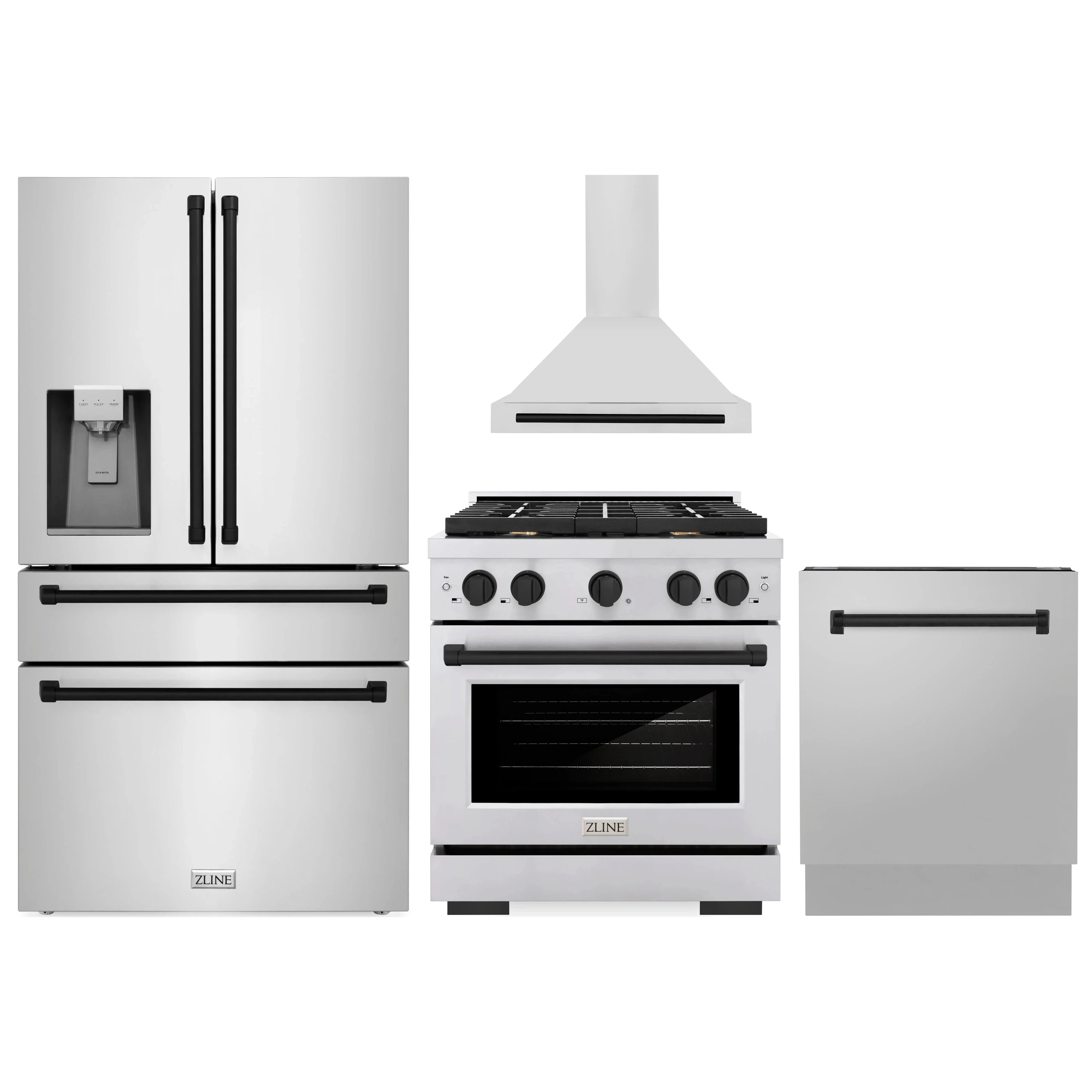 Stainless steel appliance package with refrigerator, gas range, and range hood