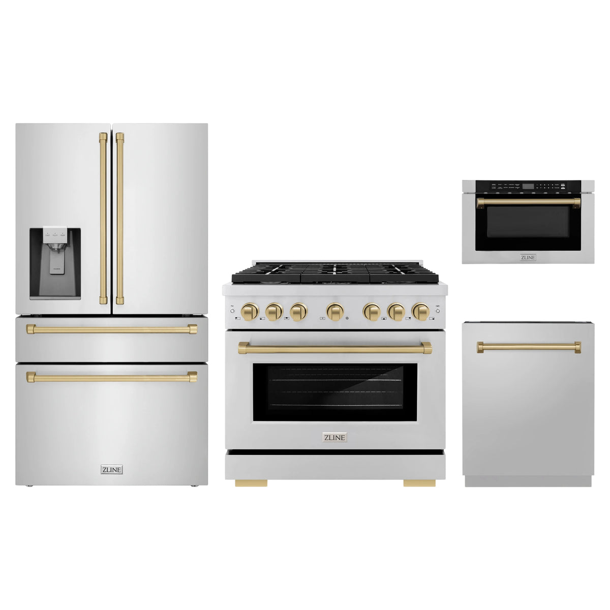 ZLINE 4-Piece Appliance Package - 36-Inch Paramount Gas Range, Refrigerator with Water Dispenser, Dishwasher, and 24-Inch Microwave Drawer in Stainless Steel with Champagne Bronze Accents
