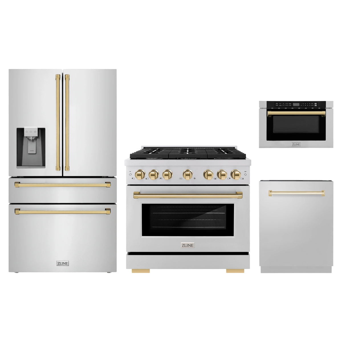 ZLINE 4-Piece Appliance Package - 36-Inch Paramount Gas Range, Refrigerator with Water Dispenser, Dishwasher, and 24-Inch Microwave Drawer in Stainless Steel with Gold Accents