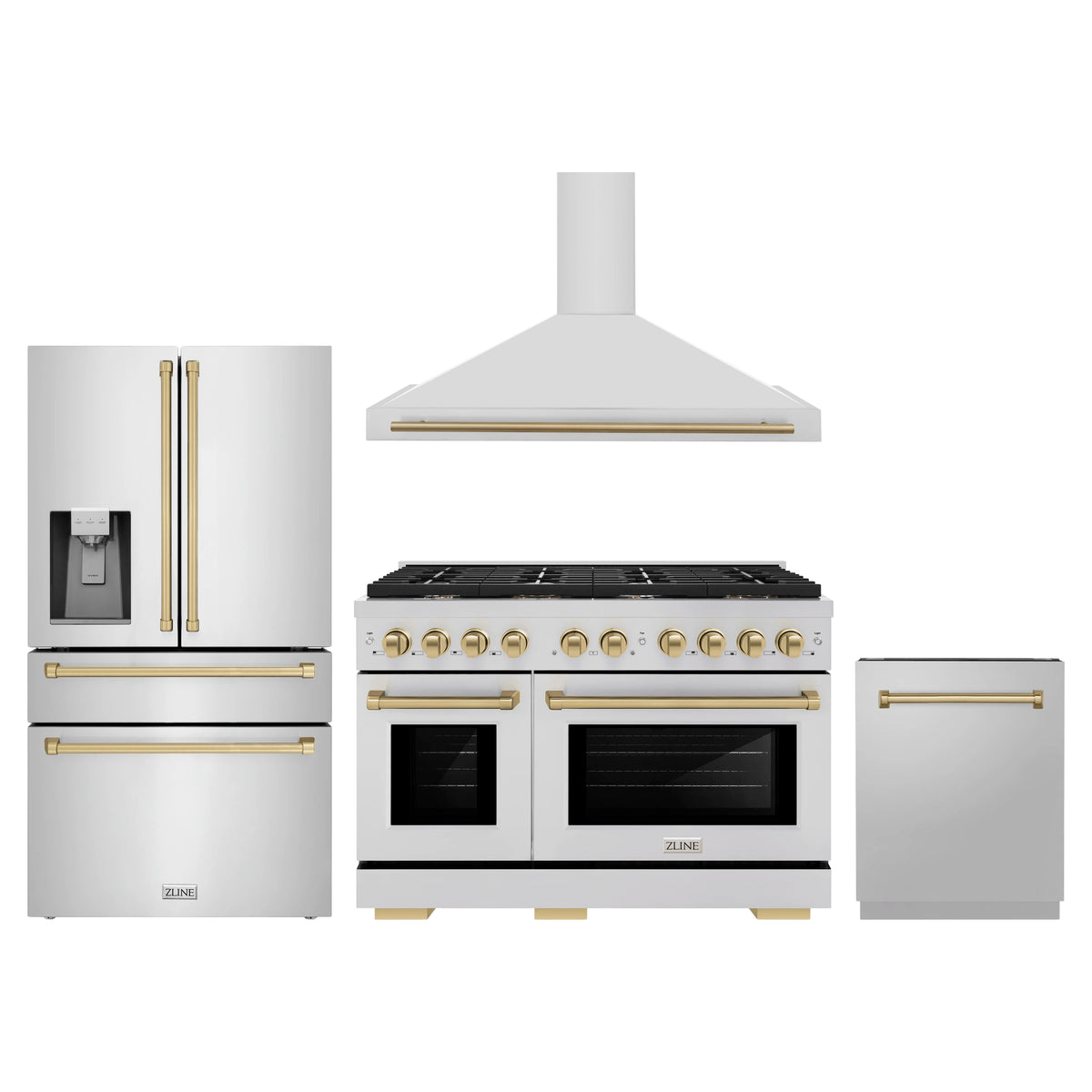 ZLINE 4-Piece Appliance Package - 48-Inch Paramount Autograph Gas Range, Wall Mount Range Hood, 36-Inch French Door Refrigerator with Water Dispenser, Dishwasher, in Stainless Steel with Champagne Bronze Accents