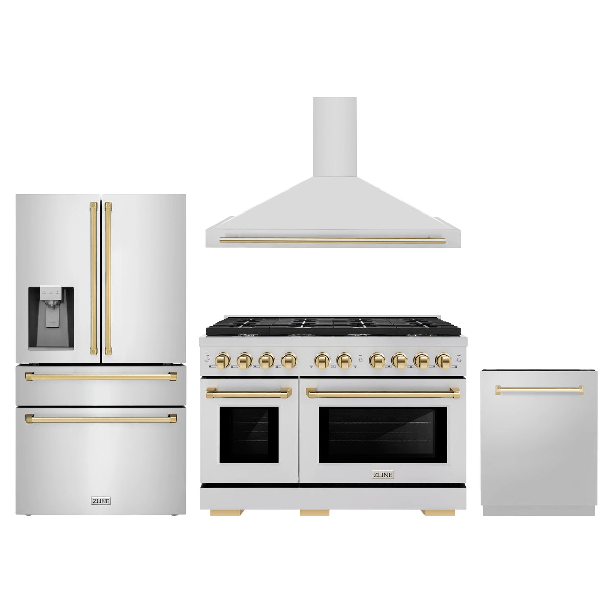 ZLINE 4-Piece Appliance Package - 48-Inch Paramount Autograph Gas Range, Wall Mount Range Hood, 36-Inch French Door Refrigerator with Water Dispenser, Dishwasher, in Stainless Steel with Gold Accents
