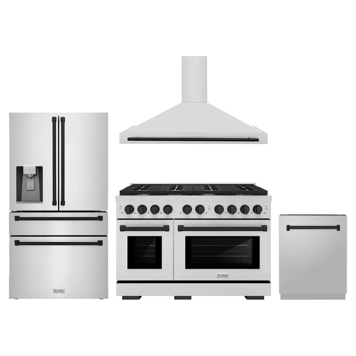 ZLINE 4-Piece Appliance Package - 48-Inch Paramount Autograph Gas Range, Wall Mount Range Hood, 36-Inch French Door Refrigerator with Water Dispenser, Dishwasher, in Stainless Steel with Matte Black Accents
