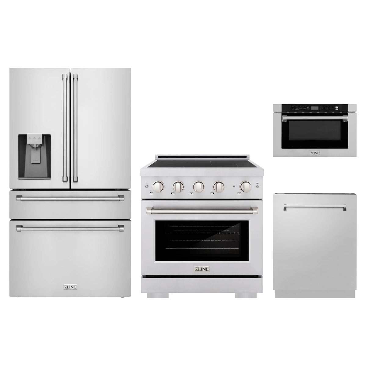 ZLINE 4-Piece Appliance Package - 30-Inch Paramount Induction Range, Refrigerator with Water Dispenser, Dishwasher, and 24-Inch Microwave Drawer in Stainless Steel
