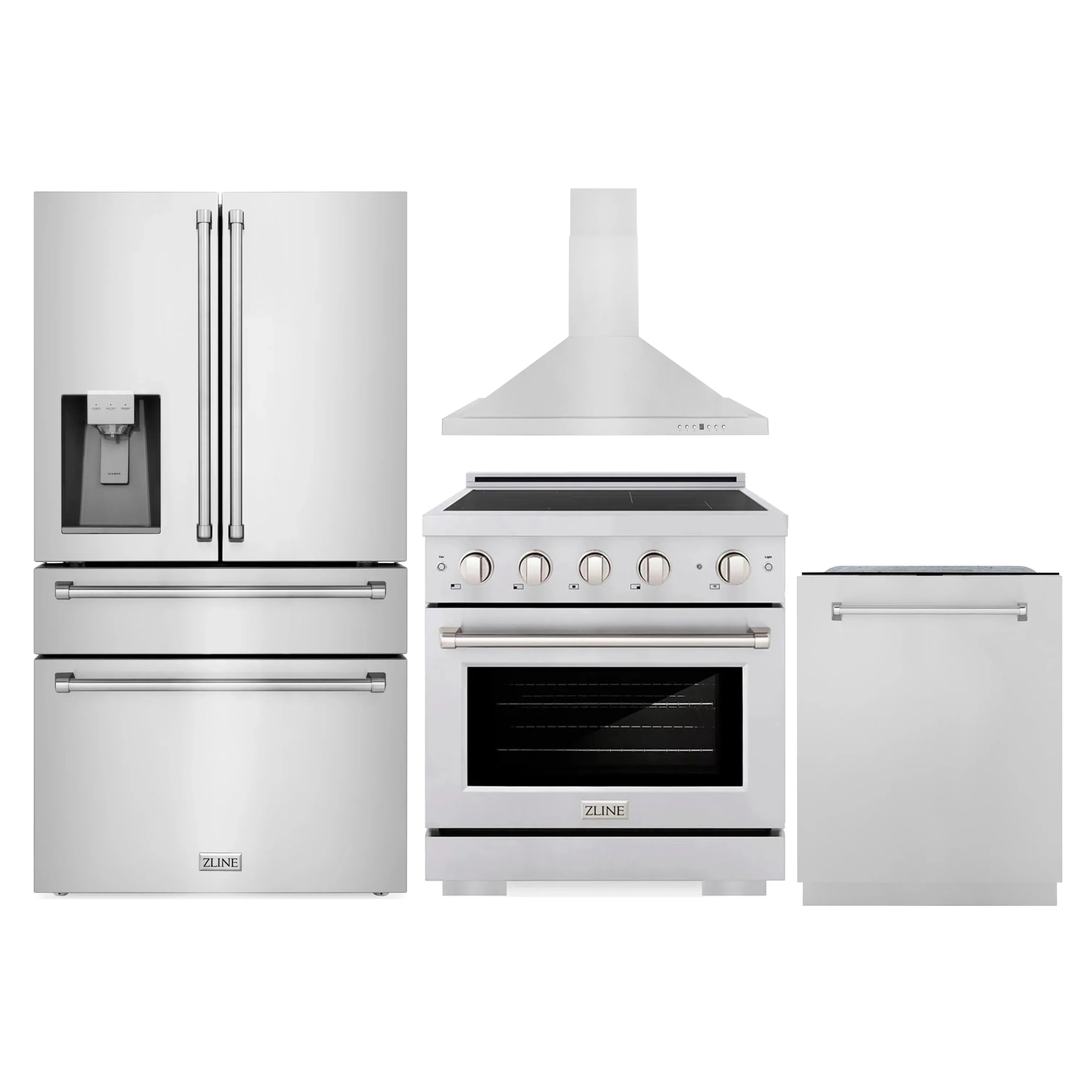 Stainless steel appliance package with refrigerator, range, vent hood, and dishwasher