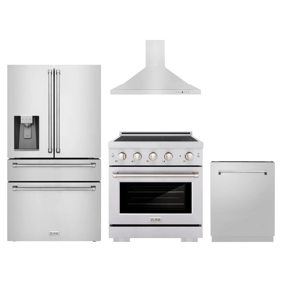 ZLINE 4-Piece Appliance Package - 30-Inch Paramount Induction Range, Wall Mount Range Hood, 36-Inch French Door Refrigerator with Water Dispenser, and Dishwasher in Stainless Steel