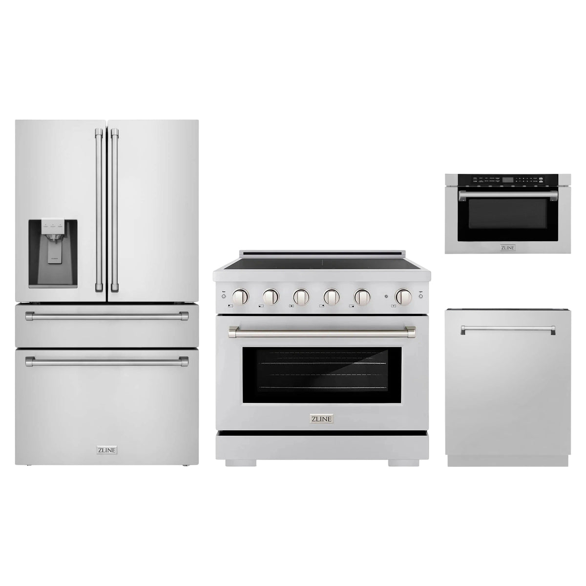 ZLINE 4-Piece Appliance Package - 36-Inch Paramount Induction Range, Refrigerator with Water Dispenser, Dishwasher, and 24-Inch Microwave Drawer in Stainless Steel