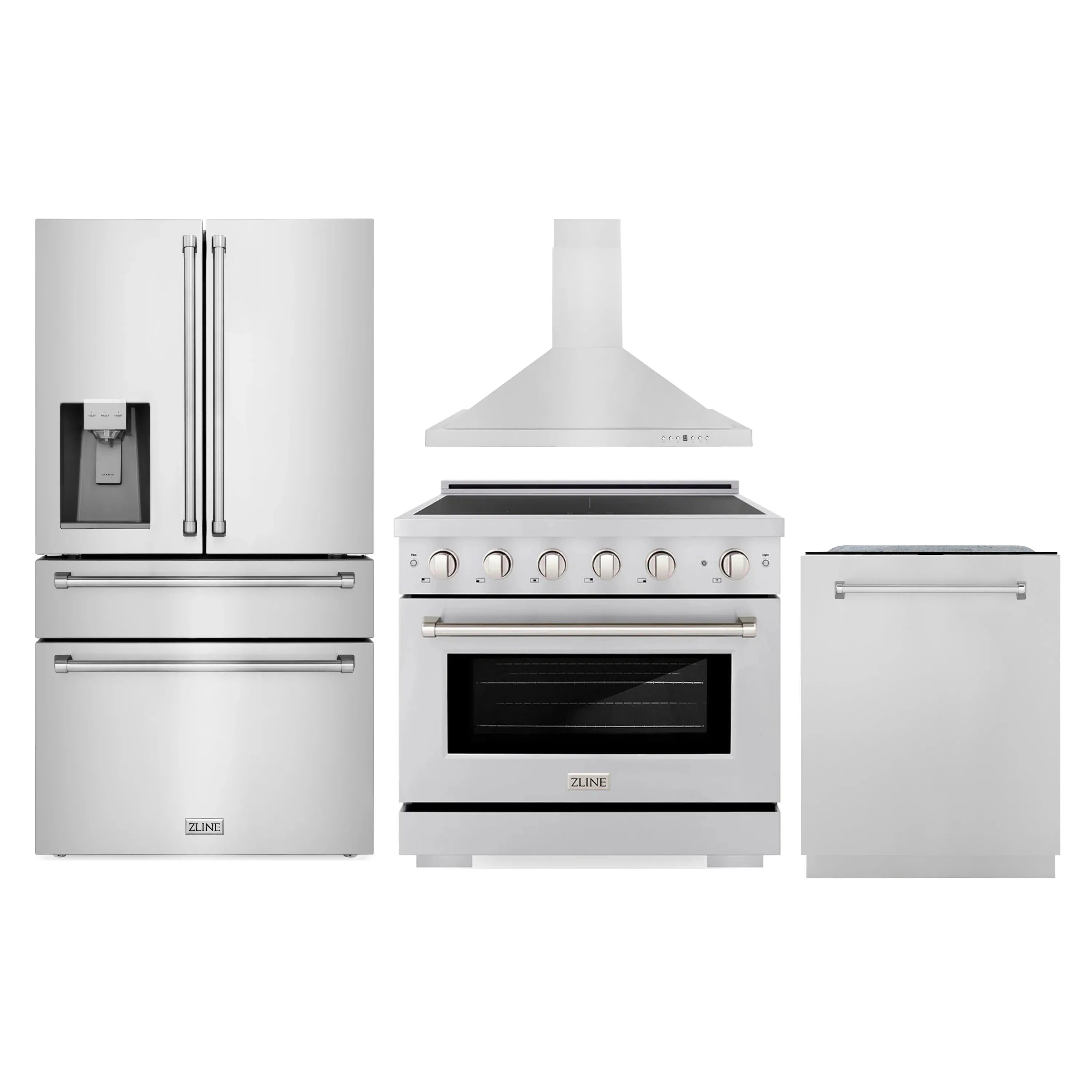 Stainless steel kitchen appliance set with refrigerator, range, hood, and dishwasher