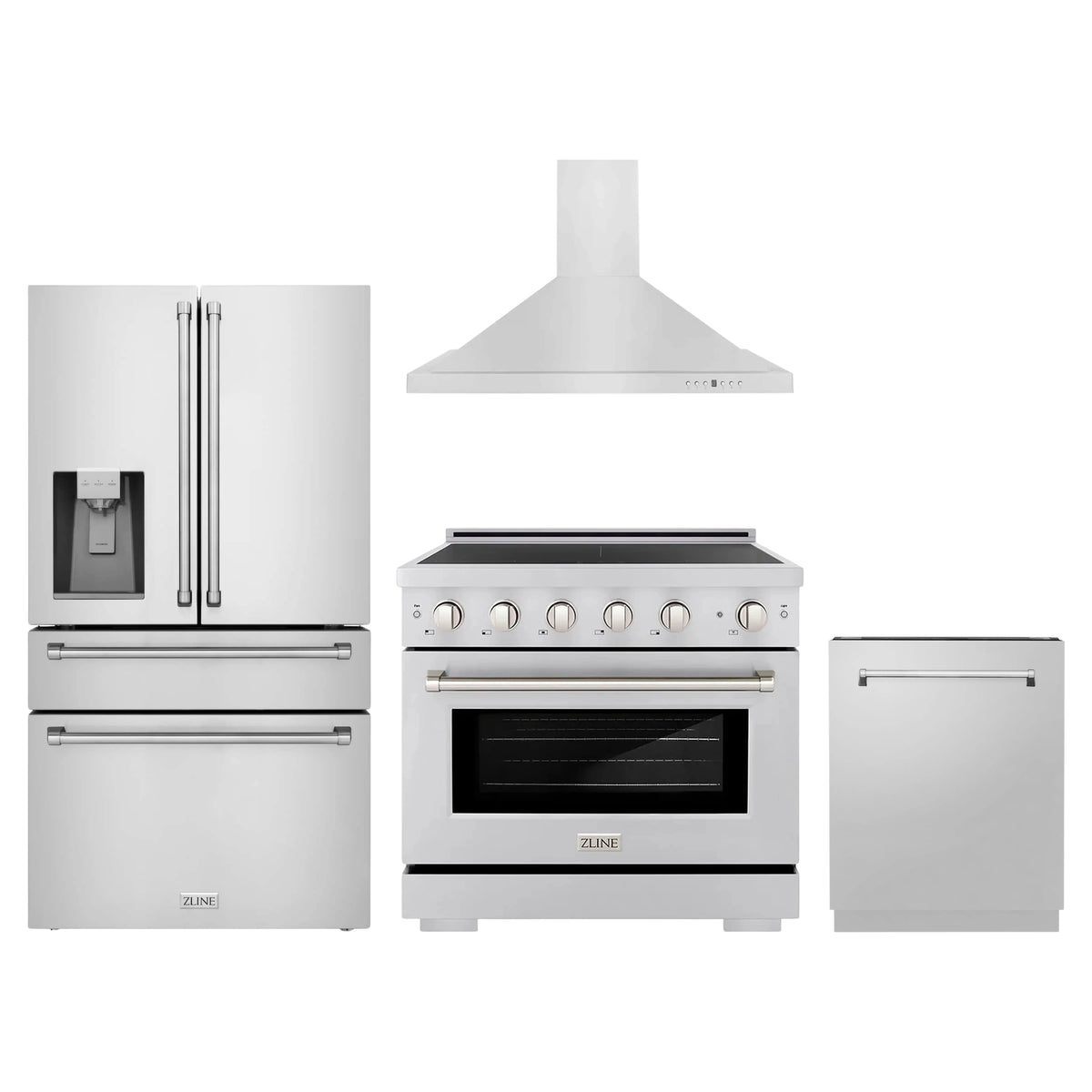 ZLINE 4-Piece Appliance Package - 36-Inch Paramount Induction Range, Wall Mount Range Hood, 36-Inch French Door Refrigerator with Water Dispenser, and Dishwasher in Stainless Steel
