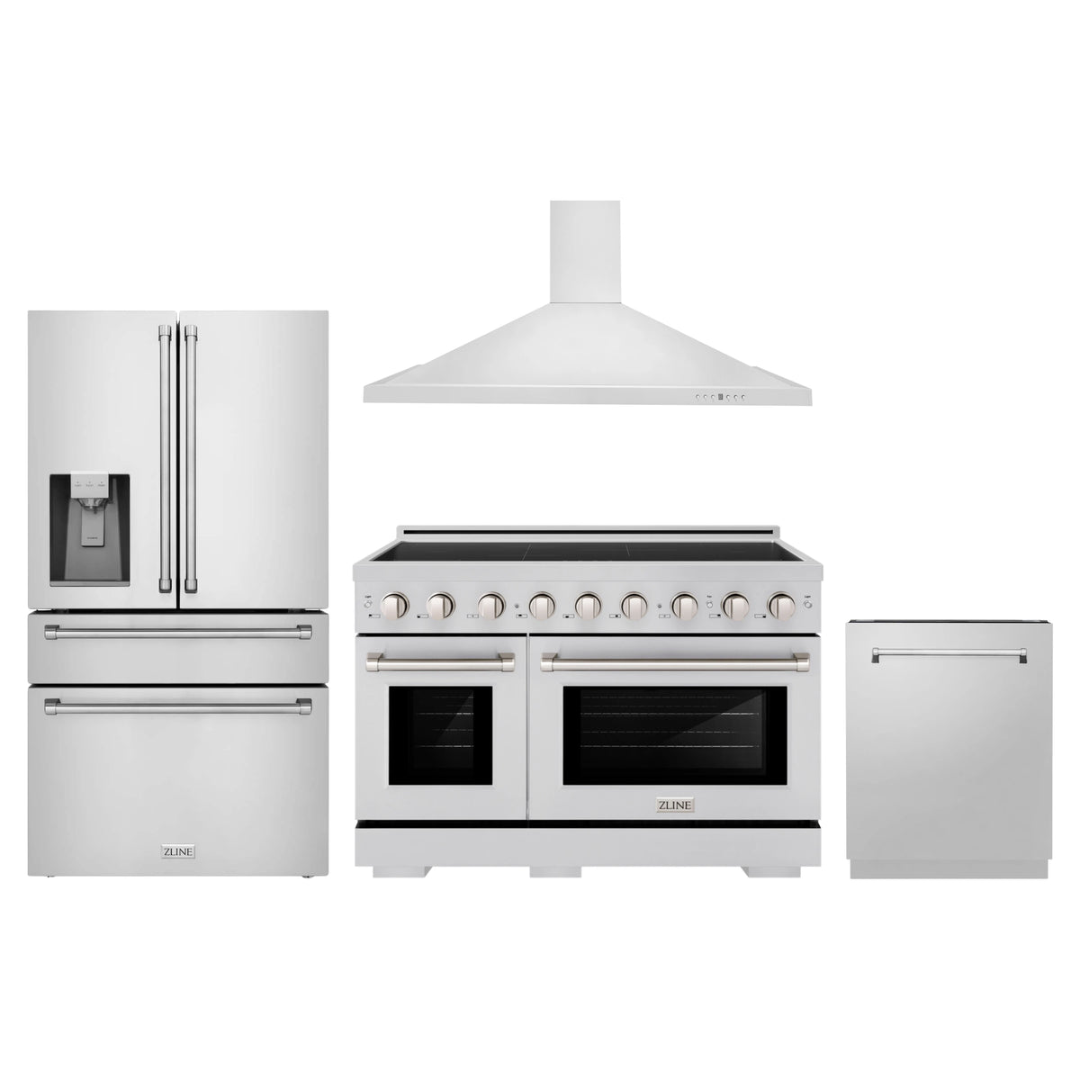 ZLINE 4-Piece Appliance Package - 48-Inch Paramount Induction Range, Wall Mount Range Hood, 36-Inch French Door Refrigerator with Water Dispenser, and Dishwasher in Stainless Steel