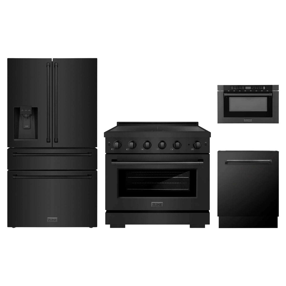 ZLINE 4-Piece Appliance Package - 36-Inch Paramount Induction Range, Refrigerator with Water Dispenser, Dishwasher, and 24-Inch Microwave Drawer in Black Stainless Steel