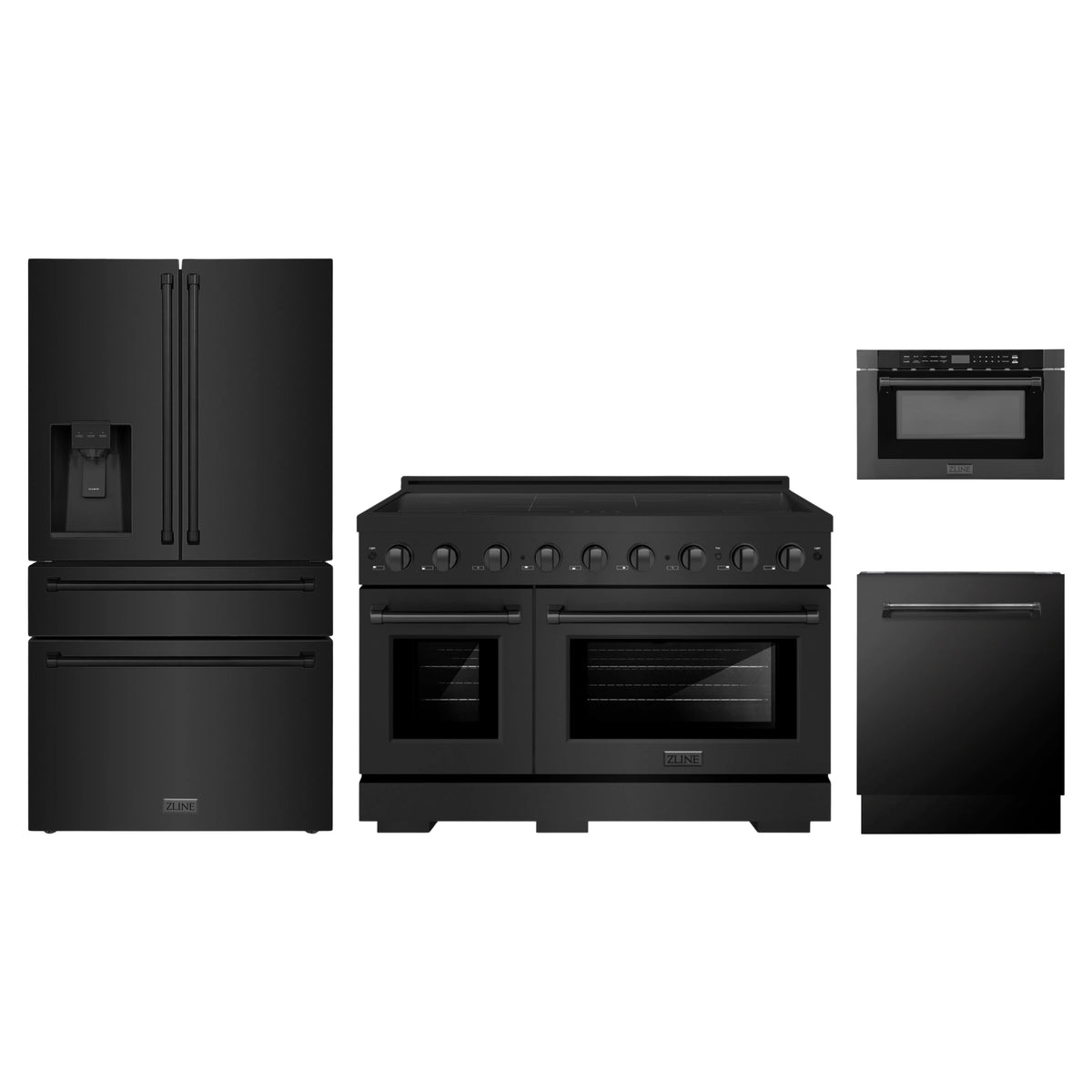 ZLINE 4-Piece Appliance Package - 48-Inch Paramount Induction Range, Refrigerator with Water Dispenser, Dishwasher, and 24-Inch Microwave Drawer in Black Stainless Steel
