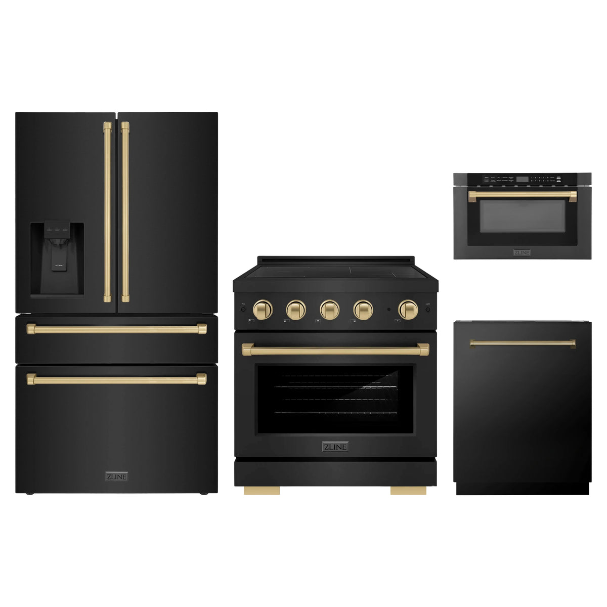 ZLINE 4-Piece Appliance Package - 30-Inch Paramount Induction Range, Refrigerator with Water Dispenser, Dishwasher, and 24-Inch Microwave Drawer in Black Stainless Steel with Champagne Bronze Accents
