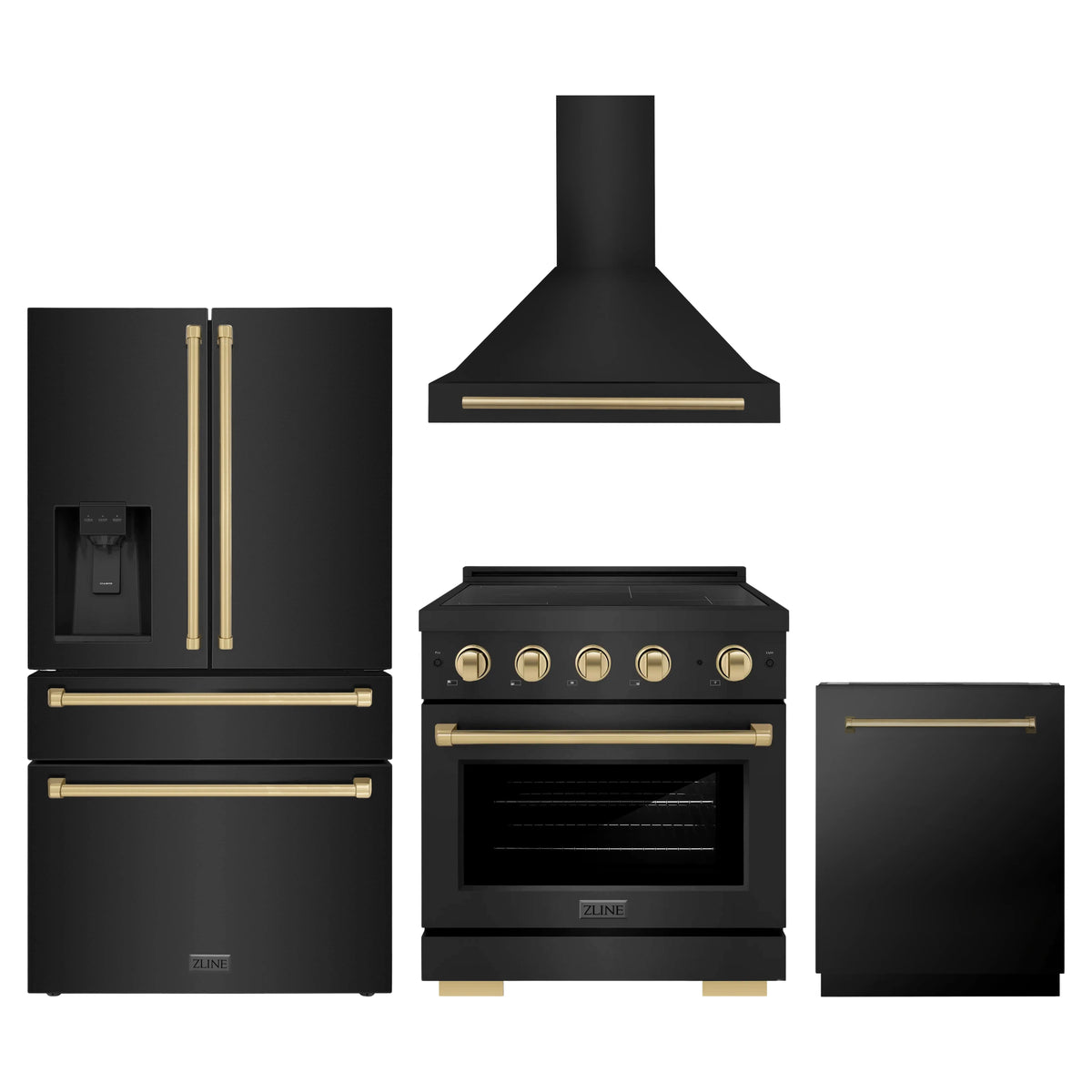 ZLINE 4-Piece Appliance Package - 30-Inch Paramount Induction Range, Wall Mount Range Hood, Refrigerator with Water Dispenser, and Dishwasher in Black Stainless Steel with Champagne Bronze Trim