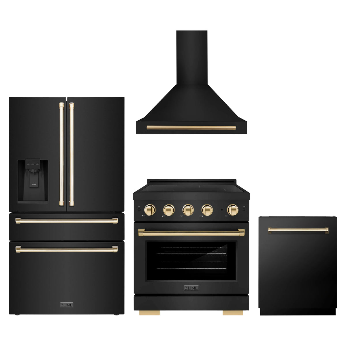 ZLINE 4-Piece Appliance Package - 30-Inch Paramount Induction Range, Wall Mount Range Hood, Refrigerator with Water Dispenser, and Dishwasher in Black Stainless Steel with Polished Gold Trim